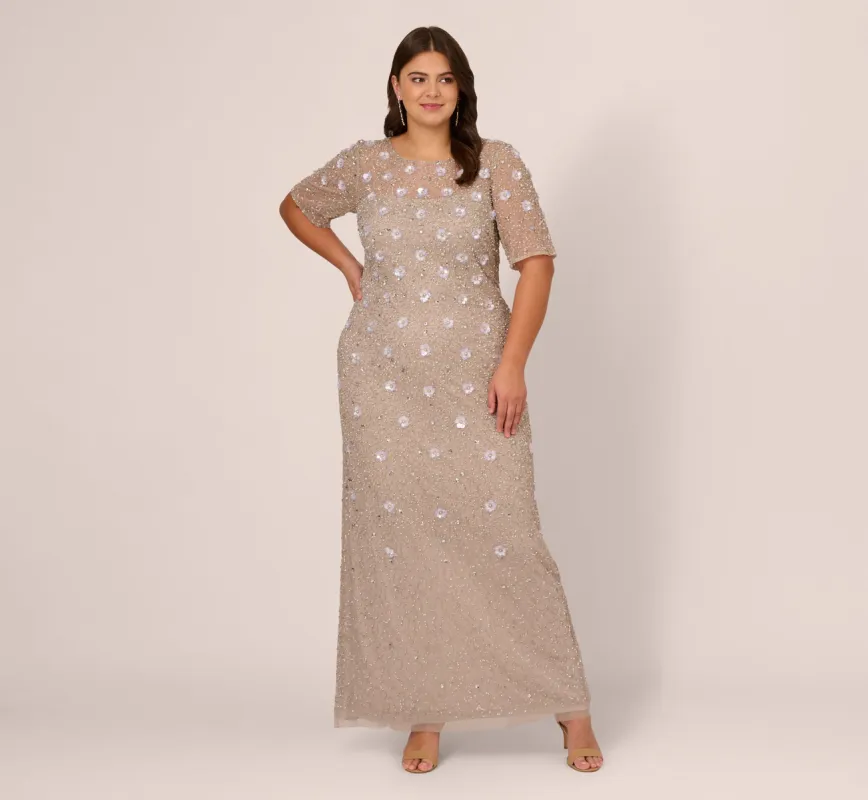 Plus Size Long Hand Beaded 3D Floral Dress With Elbow Sleeves In Marble sold by Adrianna Papell