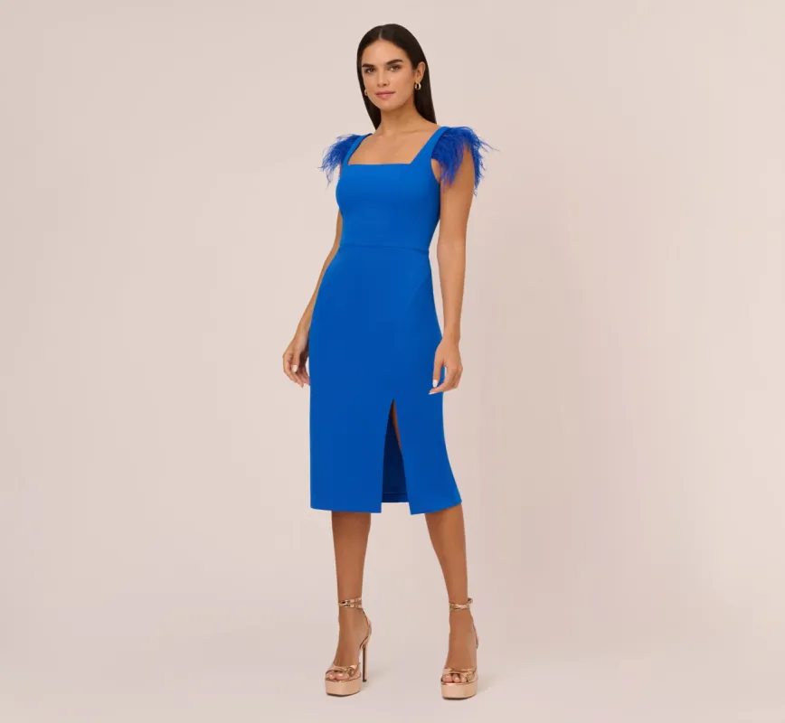 Knit Crepe Midi Dress With Feather Shoulder Accents In Dark Cobalt sold by Adrianna Papell