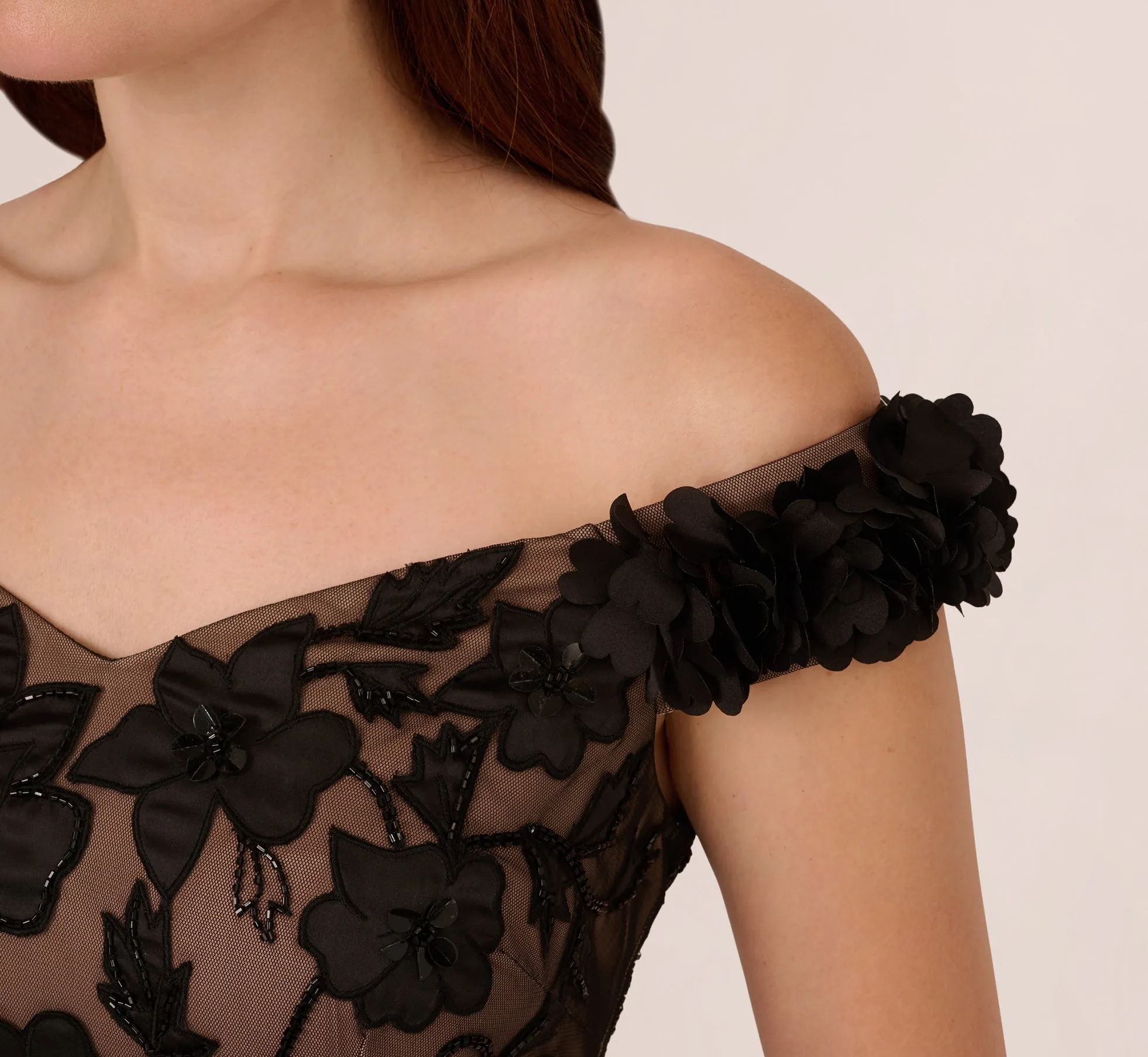 Off The Shoulder Beaded Column Gown With Rosette Accents In Black Rosegold sold by Adrianna Papell product image thumbnail 5