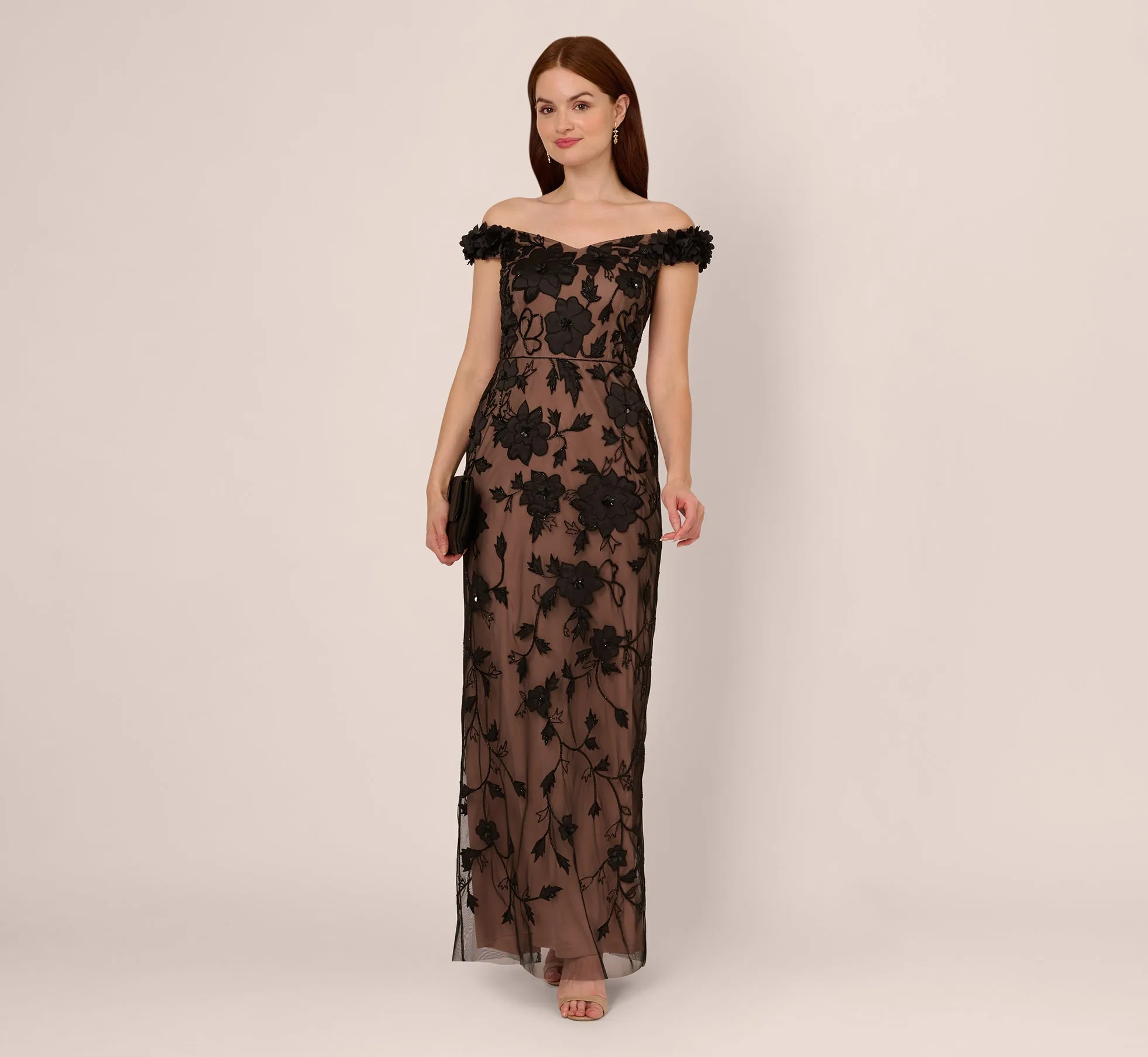 Off The Shoulder Beaded Column Gown With Rosette Accents In Black Rosegold sold by Adrianna Papell product image thumbnail 2