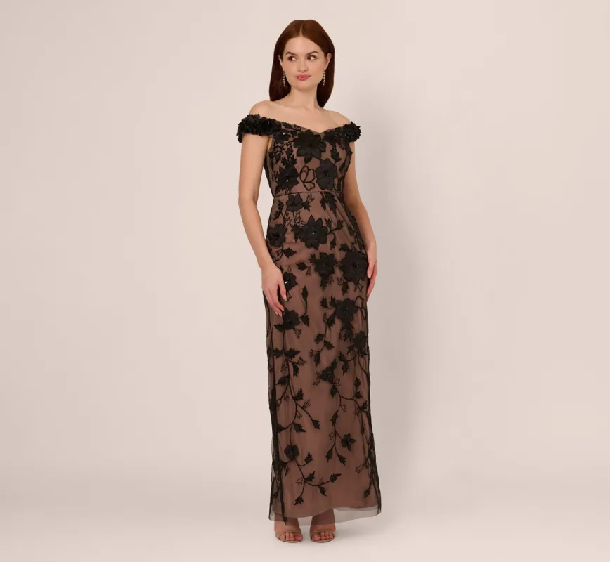 Off The Shoulder Beaded Column Gown With Rosette Accents In Black Rosegold sold by Adrianna Papell