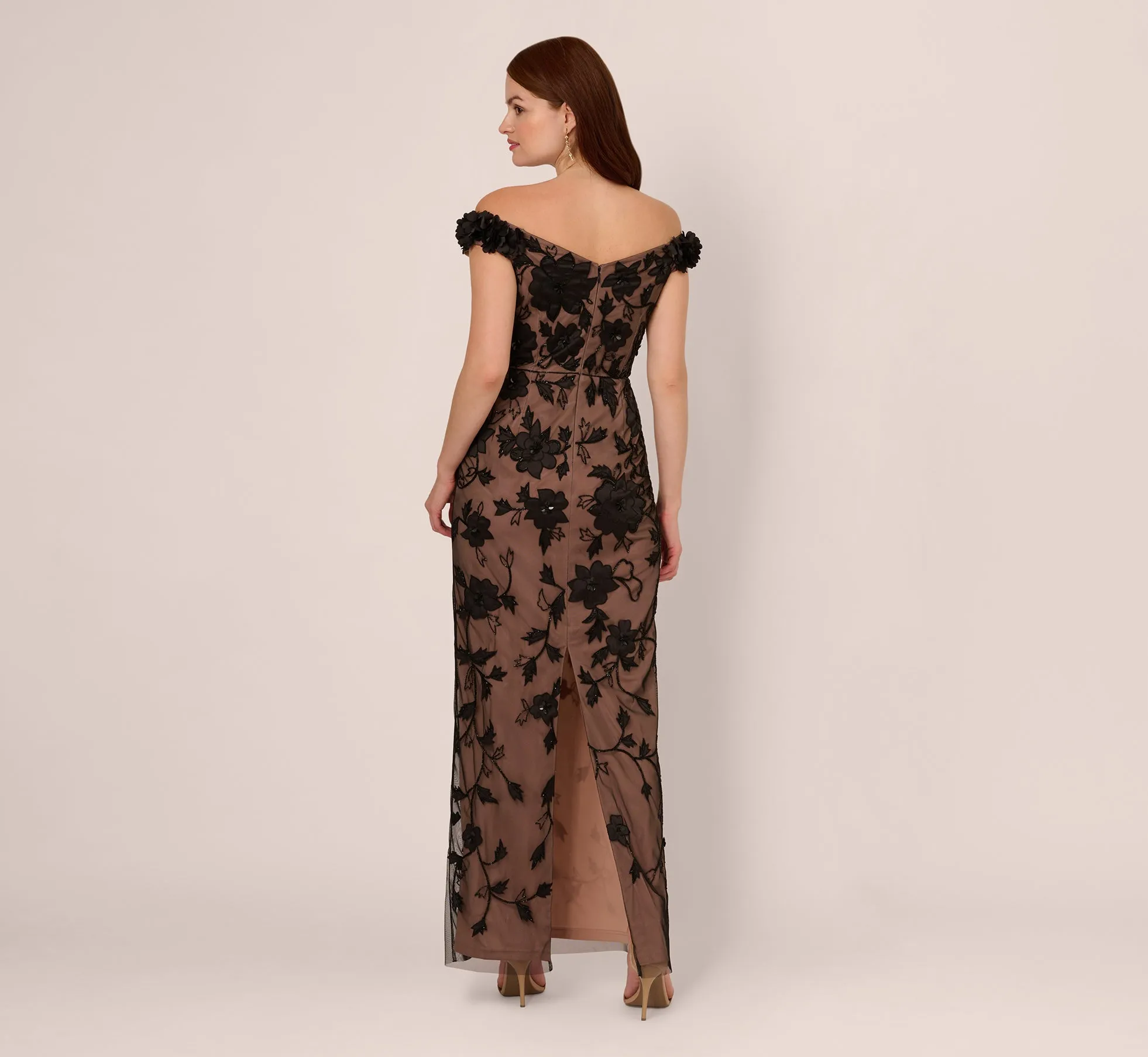 Off The Shoulder Beaded Column Gown With Rosette Accents In Black Rosegold sold by Adrianna Papell product image thumbnail 4