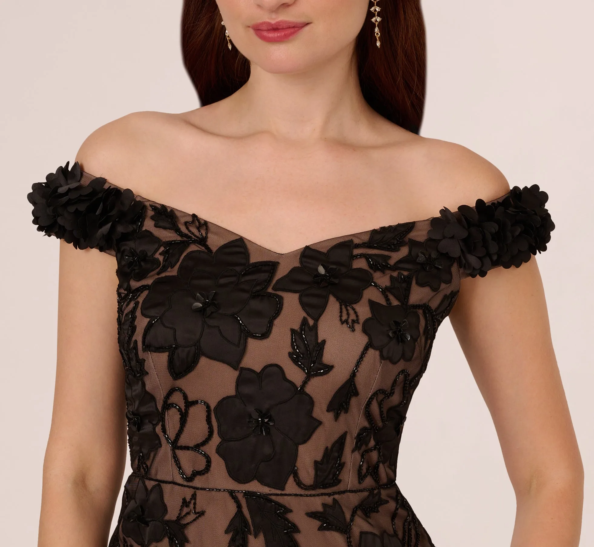 Off The Shoulder Beaded Column Gown With Rosette Accents In Black Rosegold sold by Adrianna Papell product image thumbnail 3