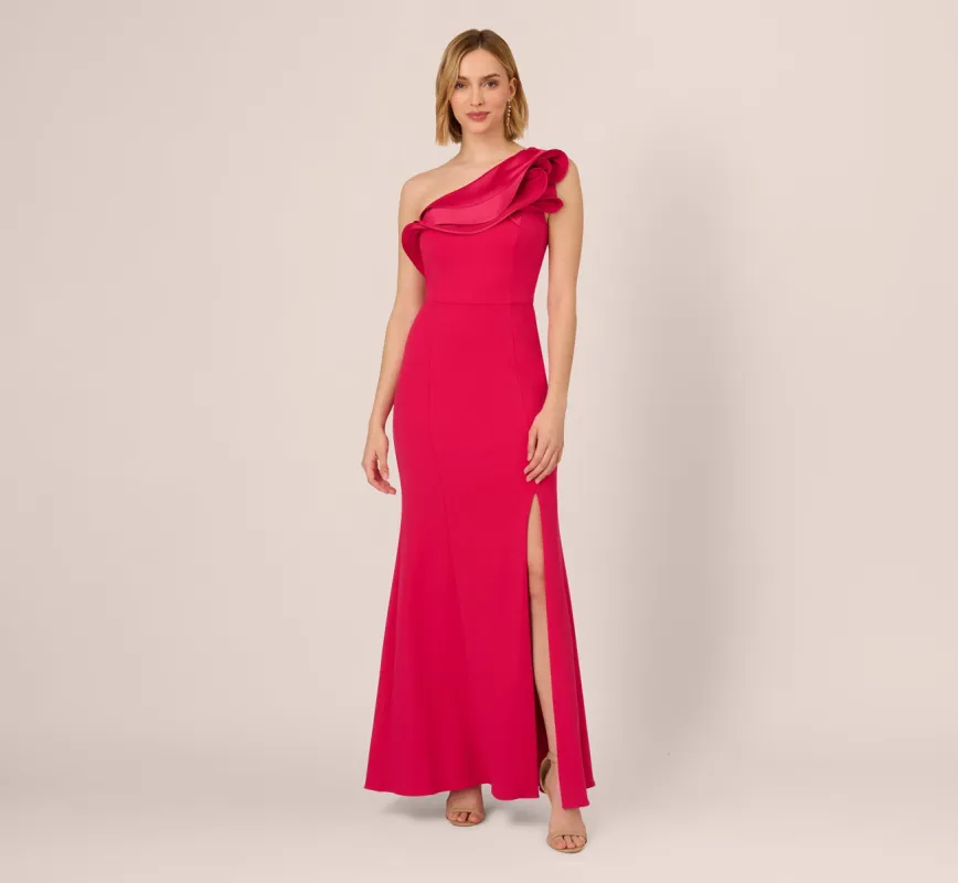 One Shoulder Mermaid Gown With Ruffled Neckline In Pink Cherry sold by Adrianna Papell