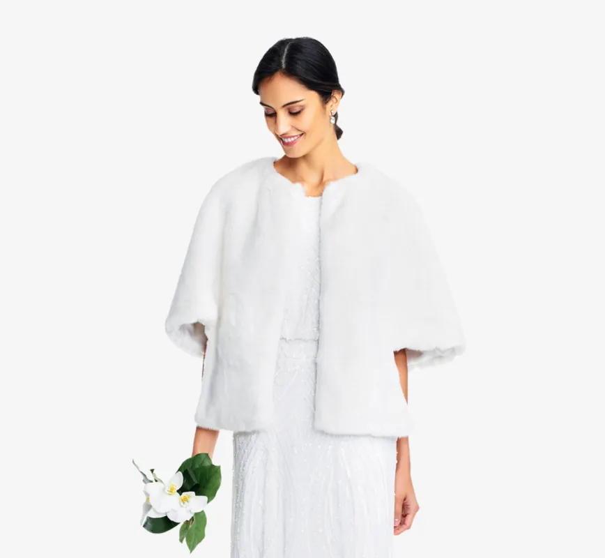 Faux Fur Open Front Cape Jacket In Ivory sold by Adrianna Papell