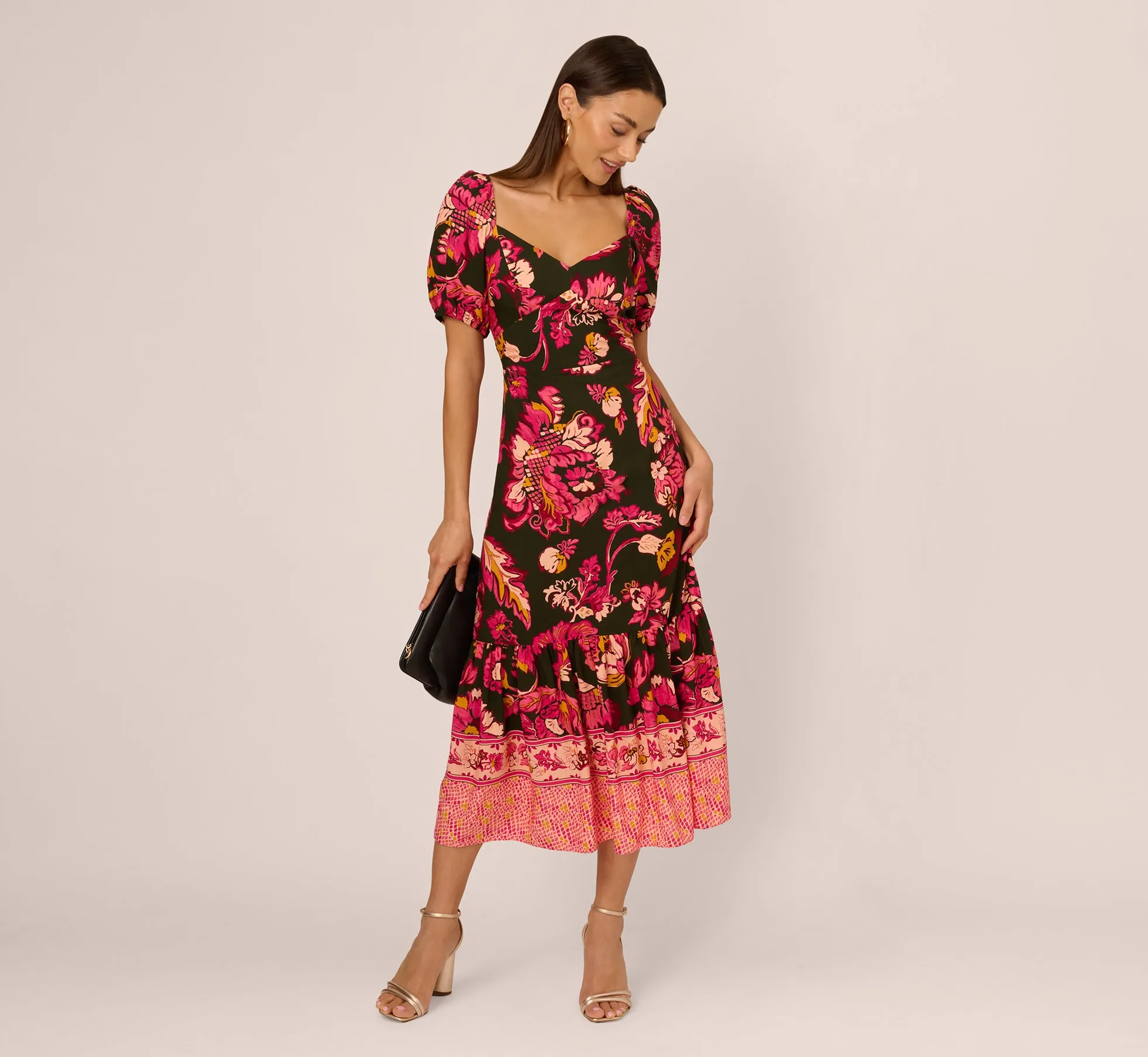 Floral Print Maxi Dress With Puff Sleeves In Hunter Multi sold by Adrianna Papell product image thumbnail 2