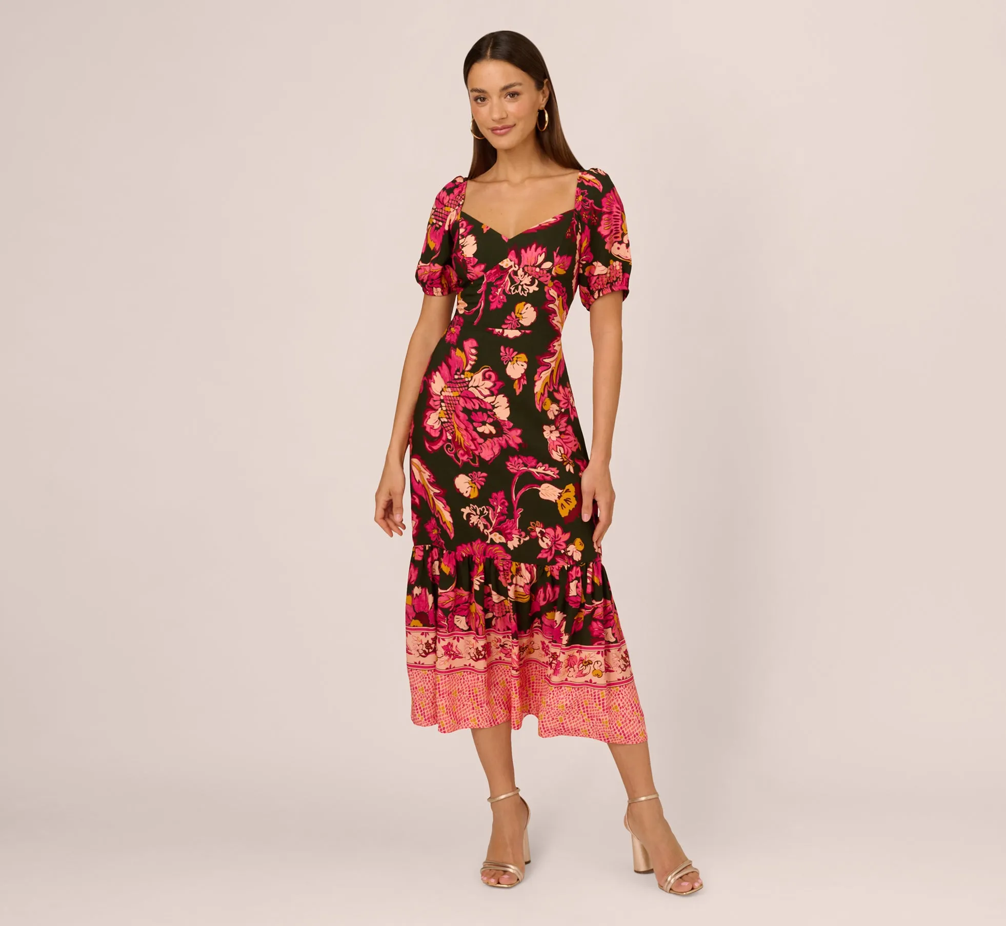 Floral Print Maxi Dress With Puff Sleeves In Hunter Multi sold by Adrianna Papell