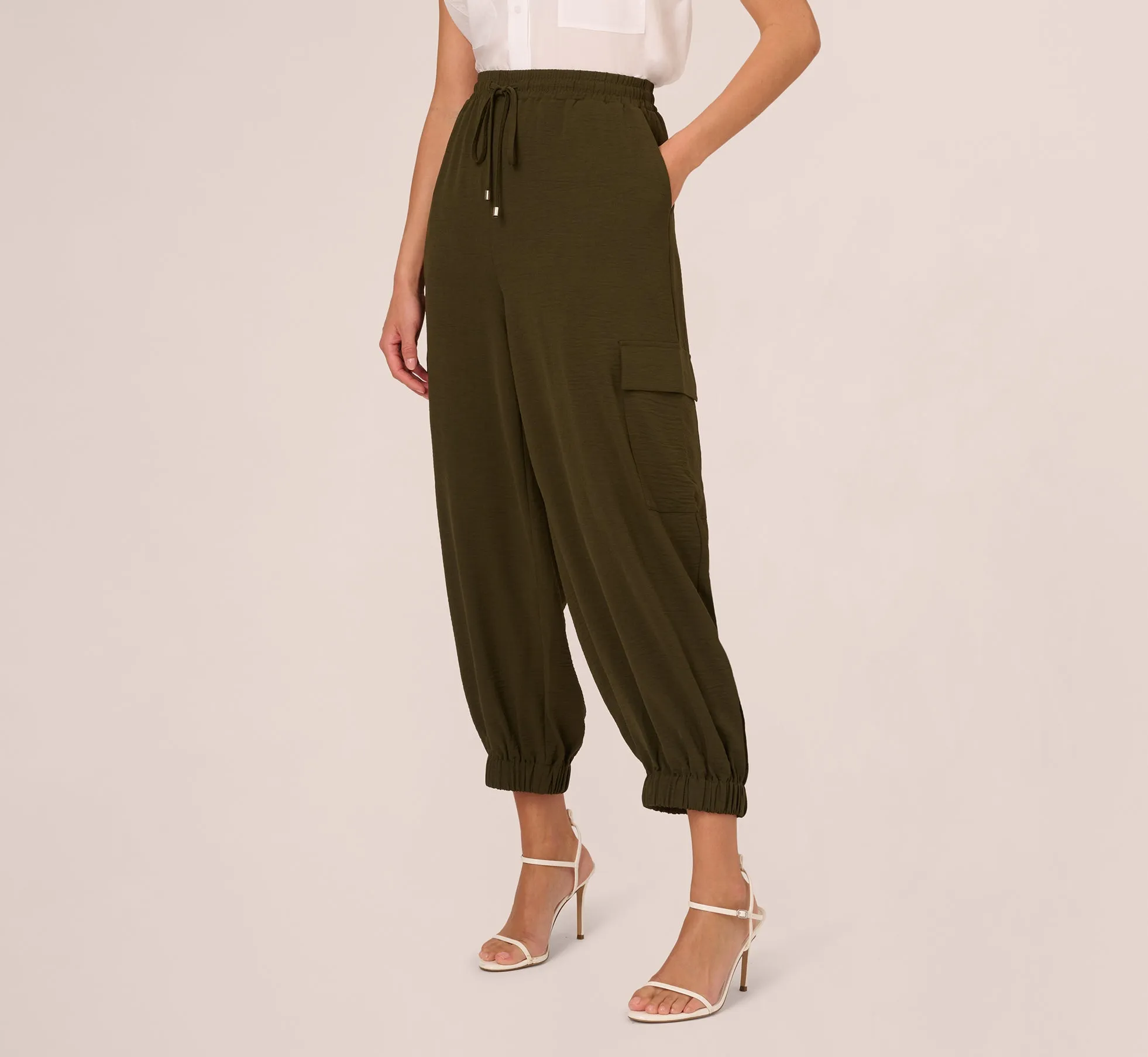 Woven Utility Jogger Pants With Drawstring Waist In Dk Green sold by Adrianna Papell