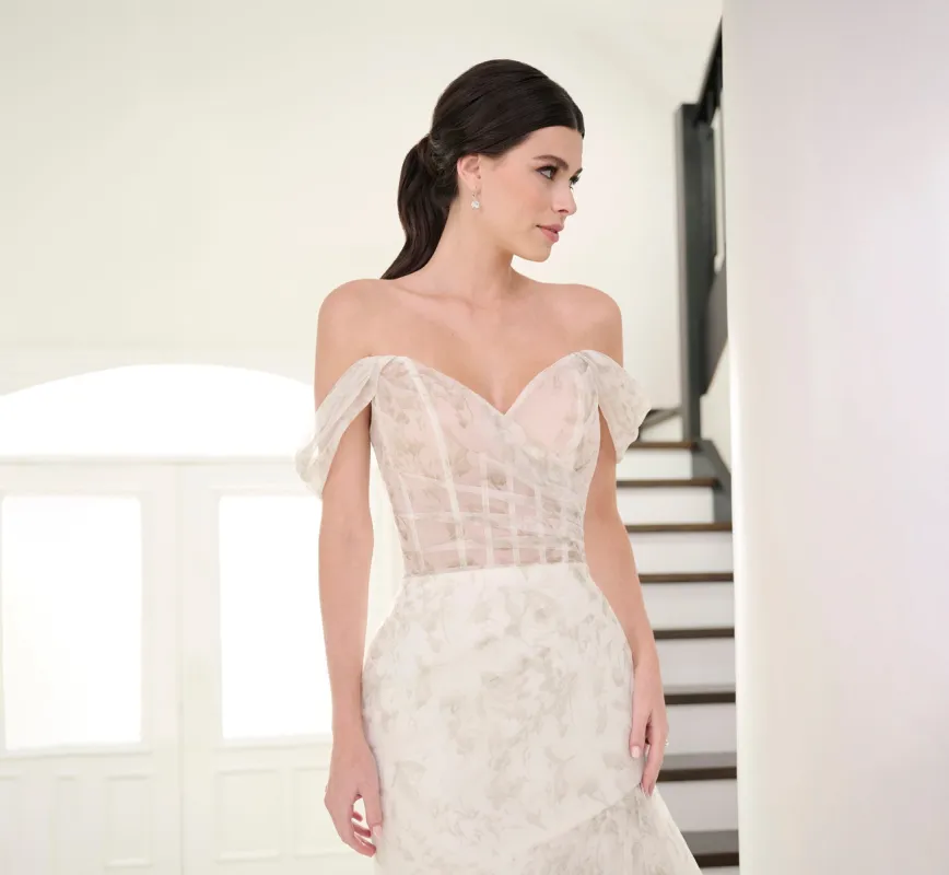 Watercolor Printed Organza Gown In Green Multi sold by Adrianna Papell