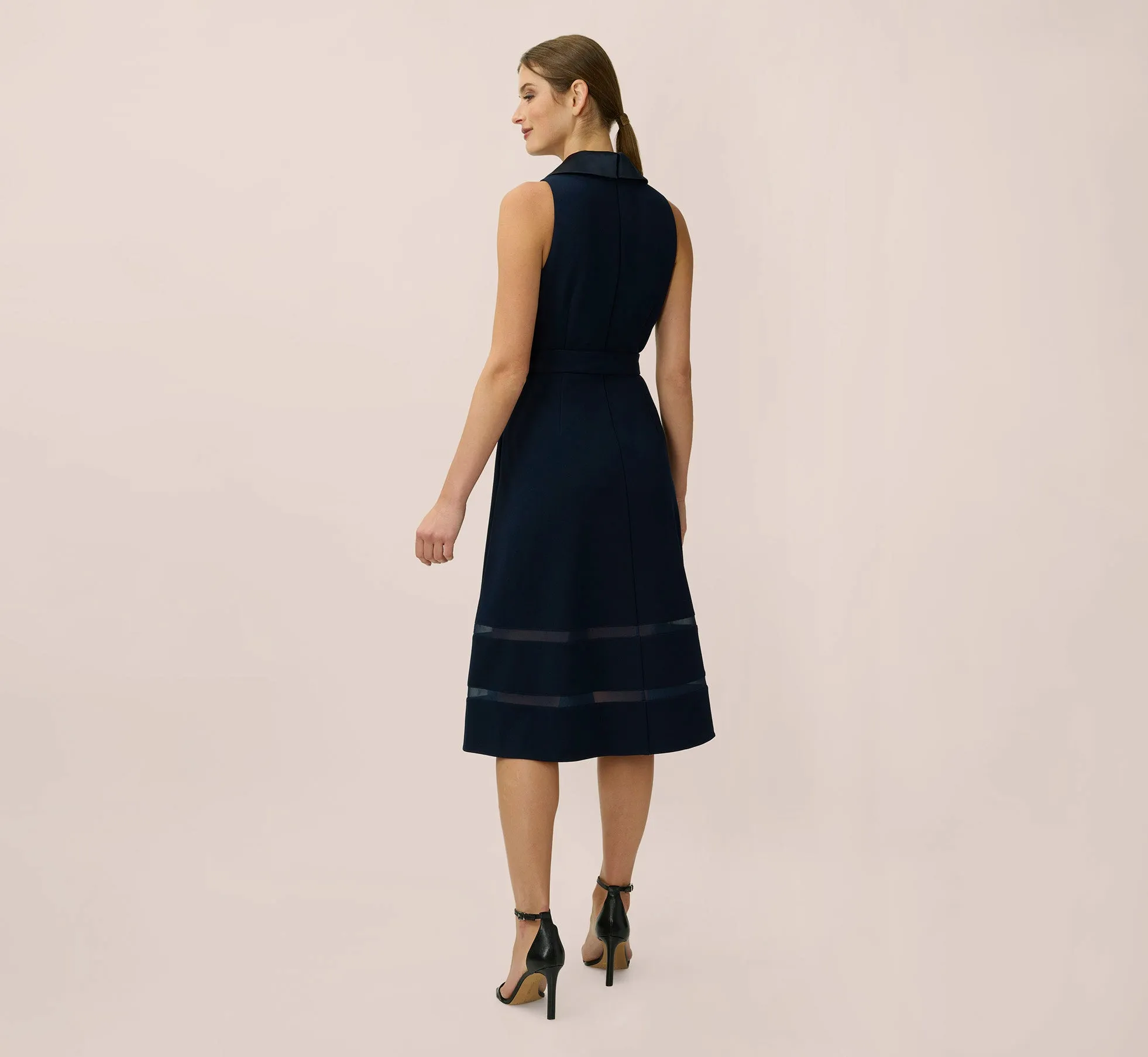 Stretch Knit Crepe Midi-Length Fit-And-Flare Tuxedo Dress With Organza Inserts In Midnight sold by Adrianna Papell product image thumbnail 4