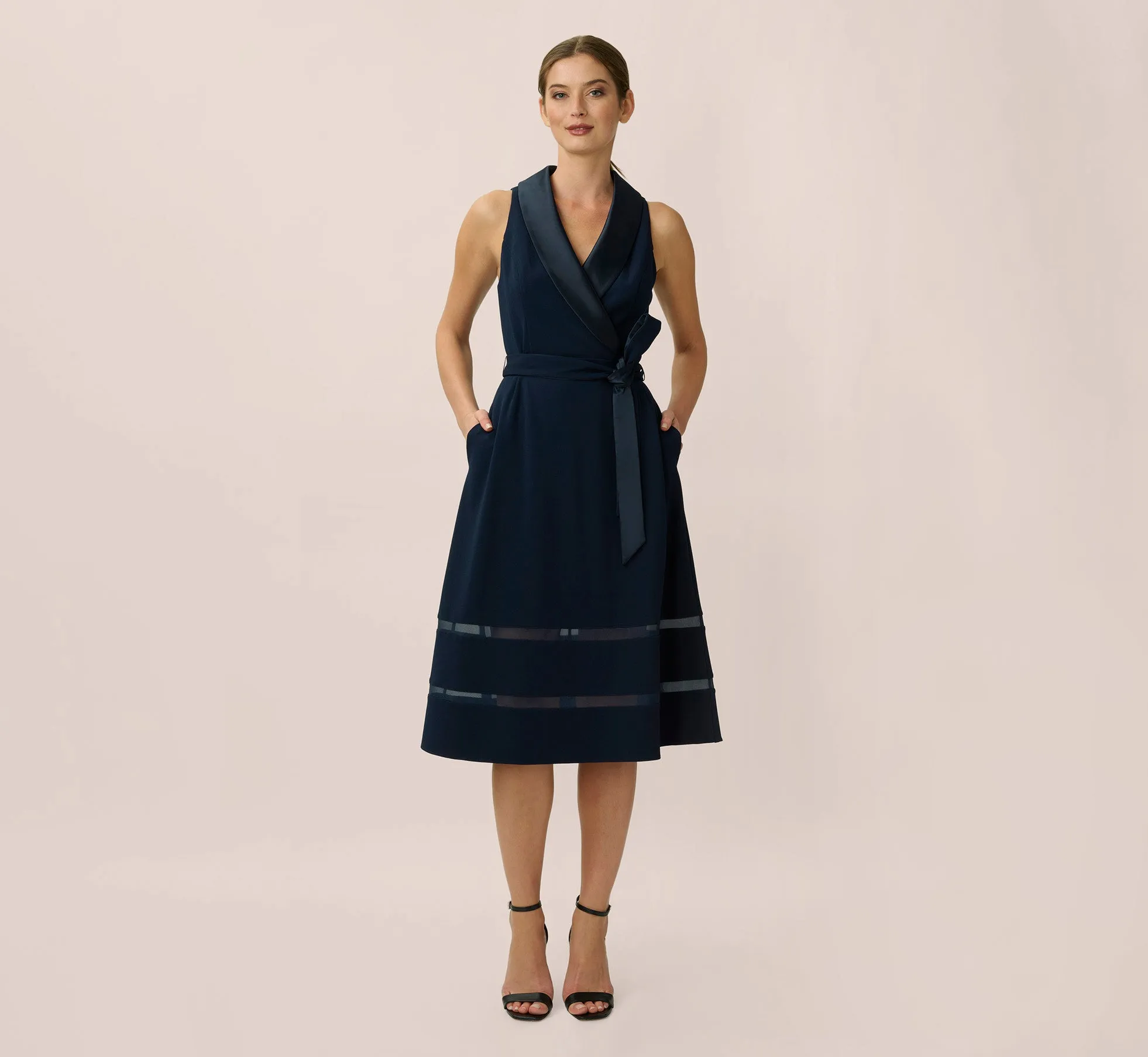 Stretch Knit Crepe Midi-Length Fit-And-Flare Tuxedo Dress With Organza Inserts In Midnight sold by Adrianna Papell