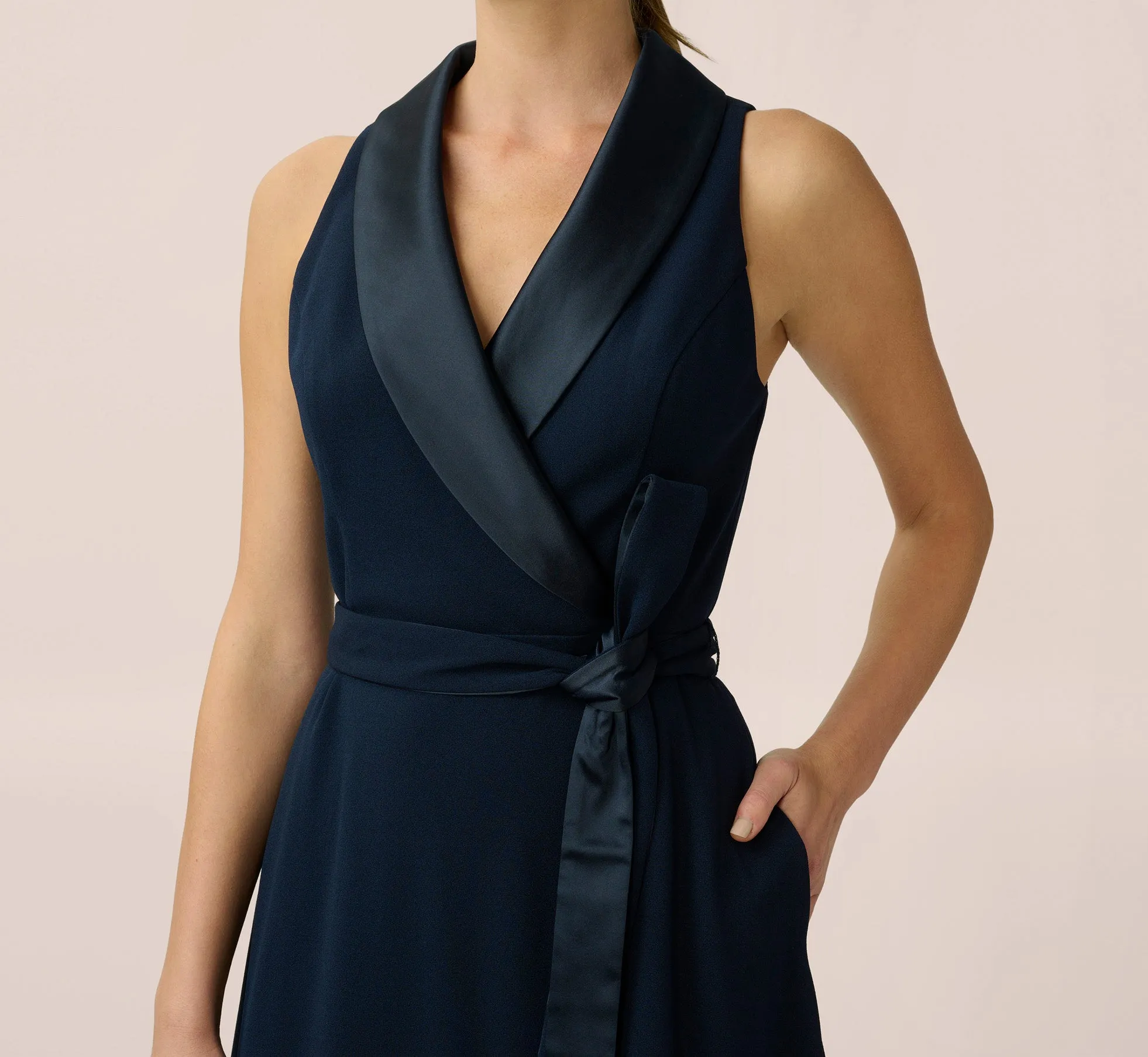 Stretch Knit Crepe Midi-Length Fit-And-Flare Tuxedo Dress With Organza Inserts In Midnight sold by Adrianna Papell product image thumbnail 3