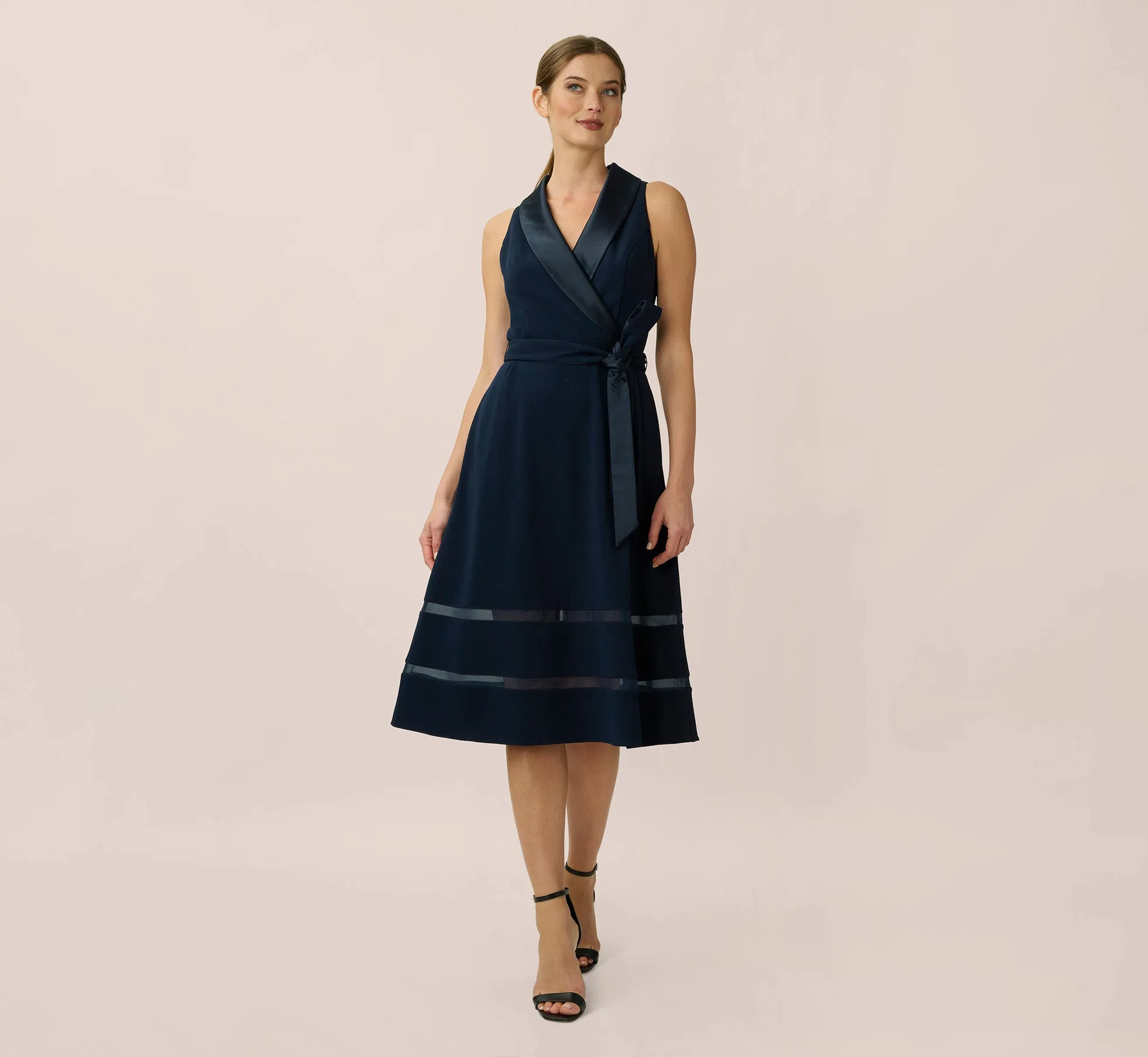 Stretch Knit Crepe Midi-Length Fit-And-Flare Tuxedo Dress With Organza Inserts In Midnight sold by Adrianna Papell product image thumbnail 2