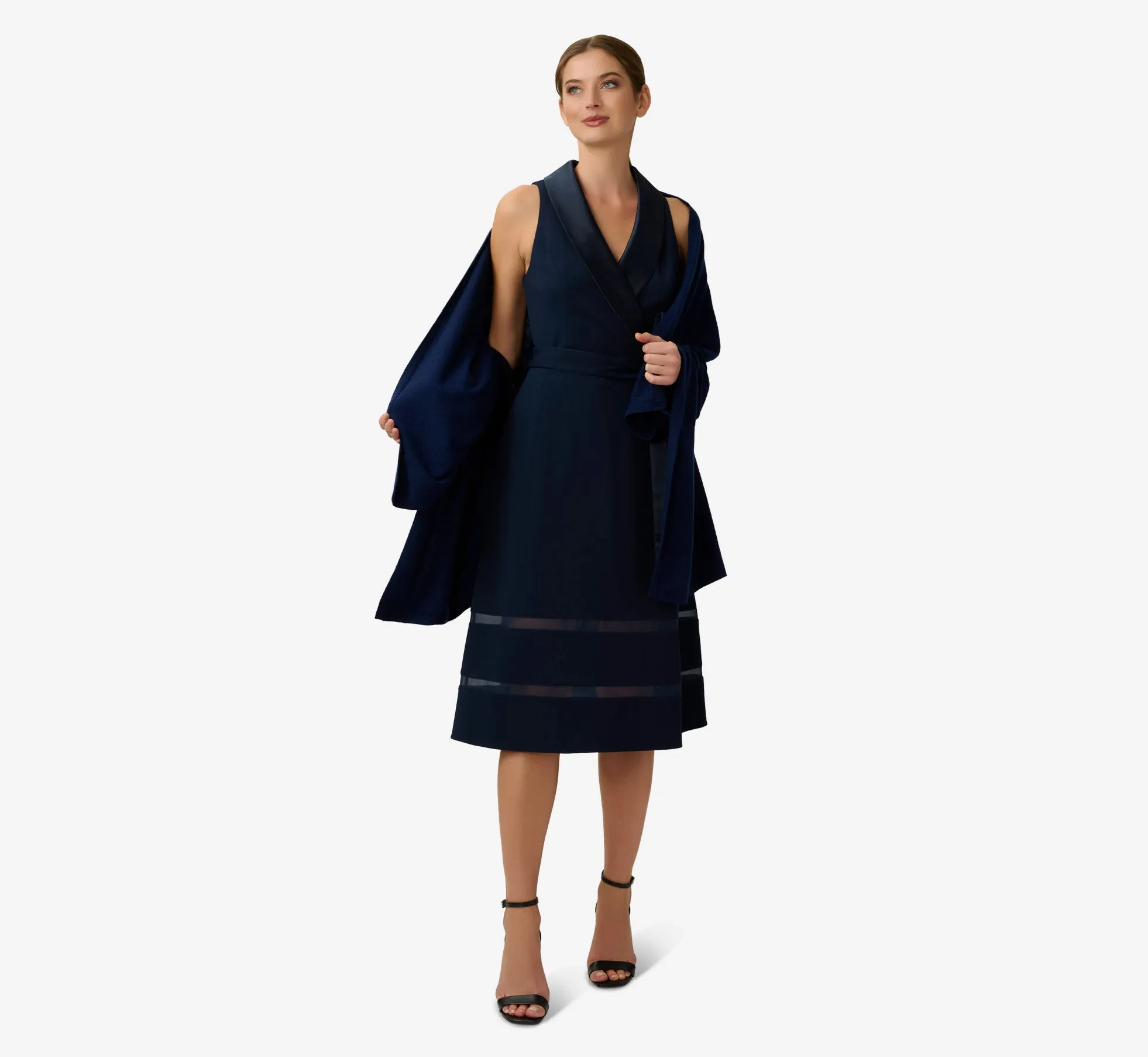 Stretch Knit Crepe Midi-Length Fit-And-Flare Tuxedo Dress With Organza Inserts In Midnight sold by Adrianna Papell product image thumbnail 5