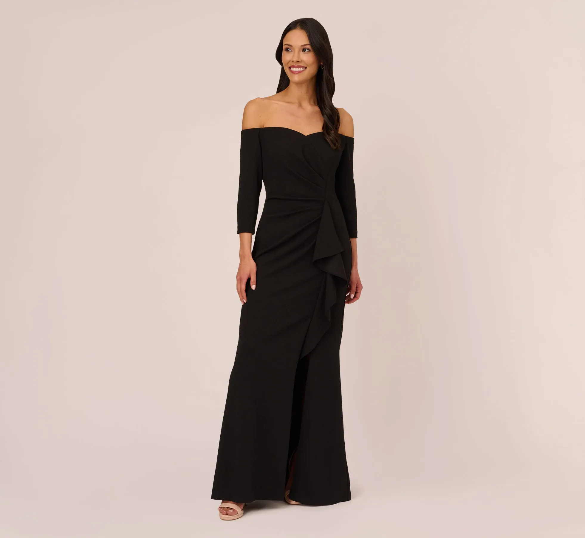 Off The Shoulder Cascading Ruffle Gown In Black sold by Adrianna Papell