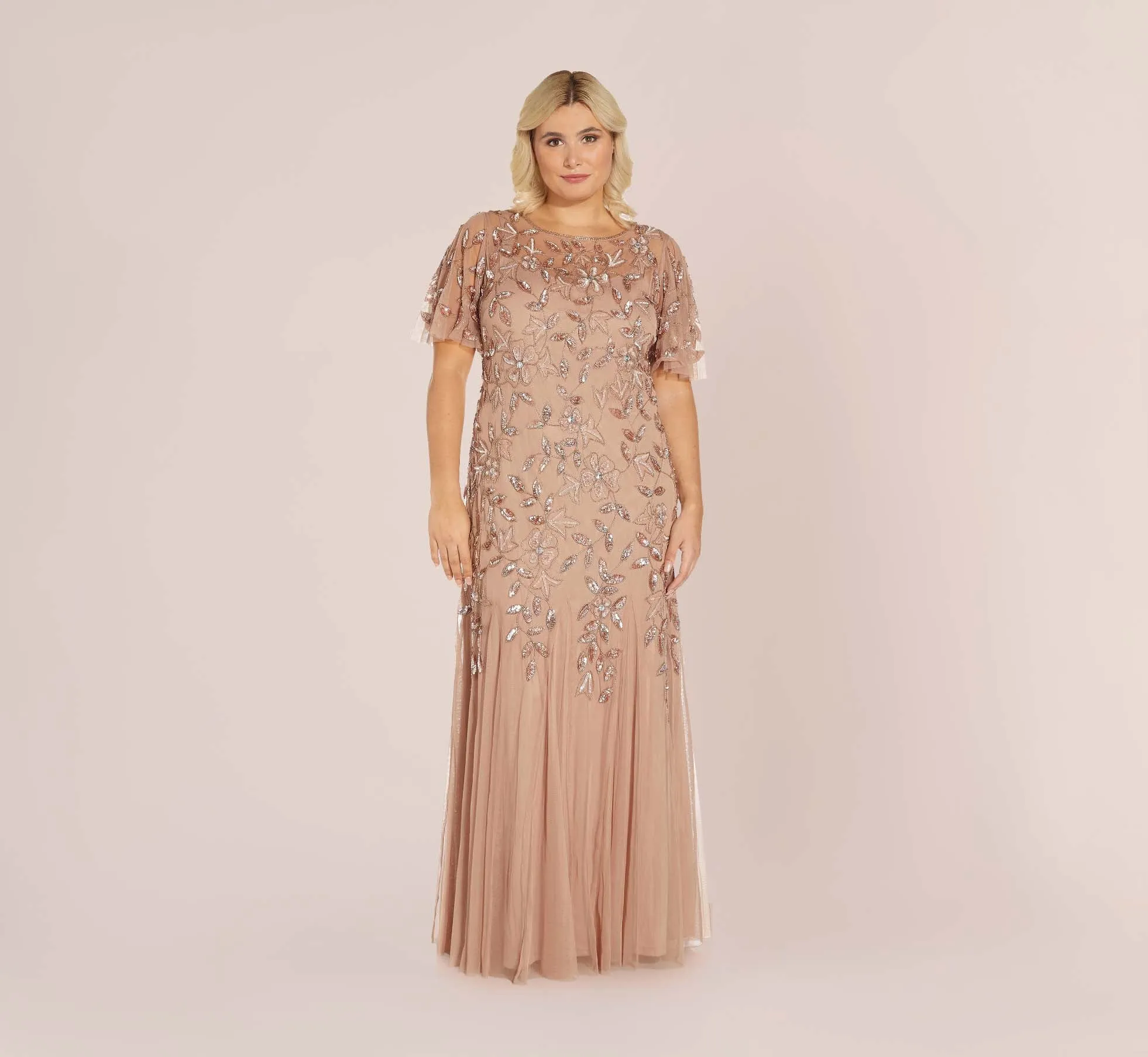 Plus Size Long Floral Beaded Gown With Flutter Sleeves In Rose Gold sold by Adrianna Papell product image thumbnail 3