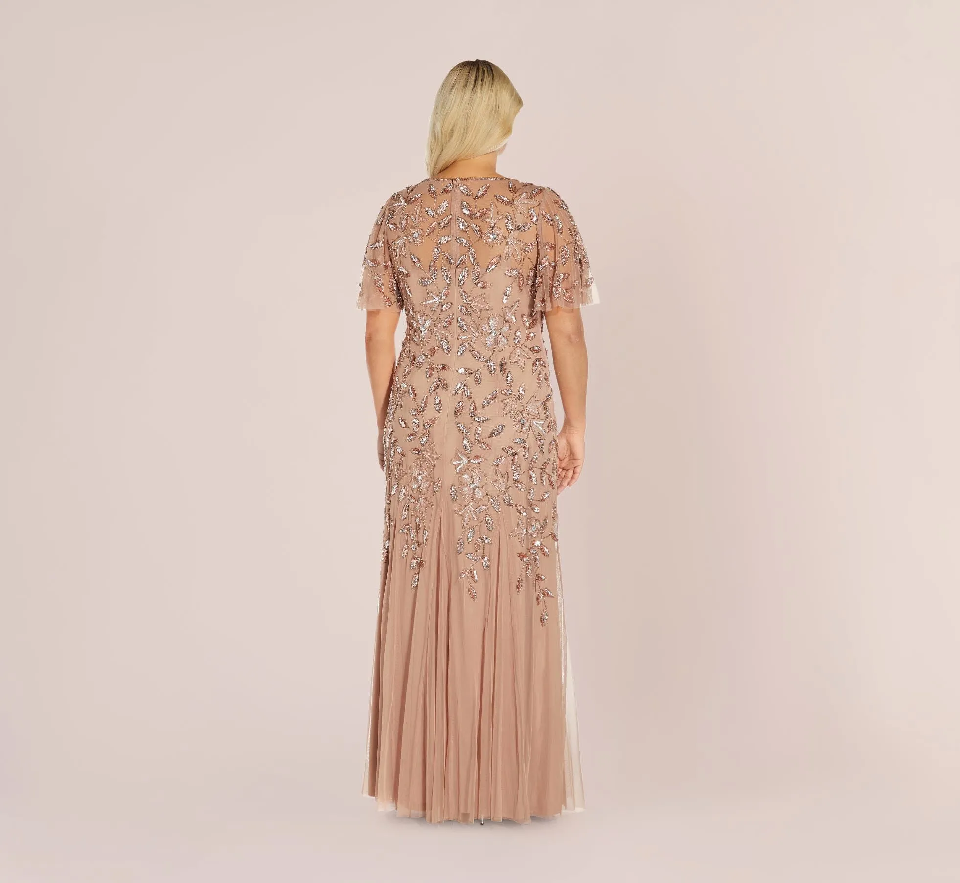 Plus Size Long Floral Beaded Gown With Flutter Sleeves In Rose Gold sold by Adrianna Papell product image thumbnail 2