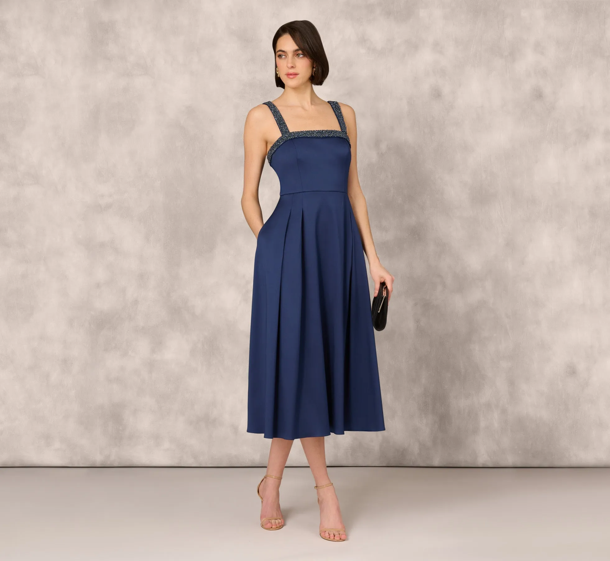 Stretch Mikado Midi Dress With Beaded Neckline And Straps In Navy sold by Adrianna Papell product image thumbnail 2