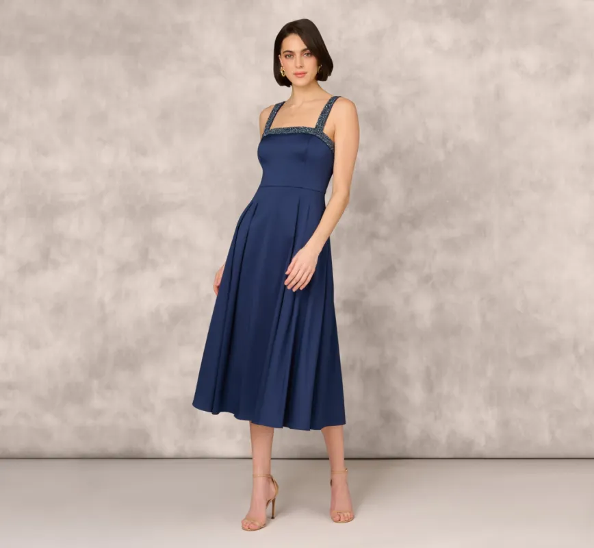 Stretch Mikado Midi Dress With Beaded Neckline And Straps In Navy sold by Adrianna Papell