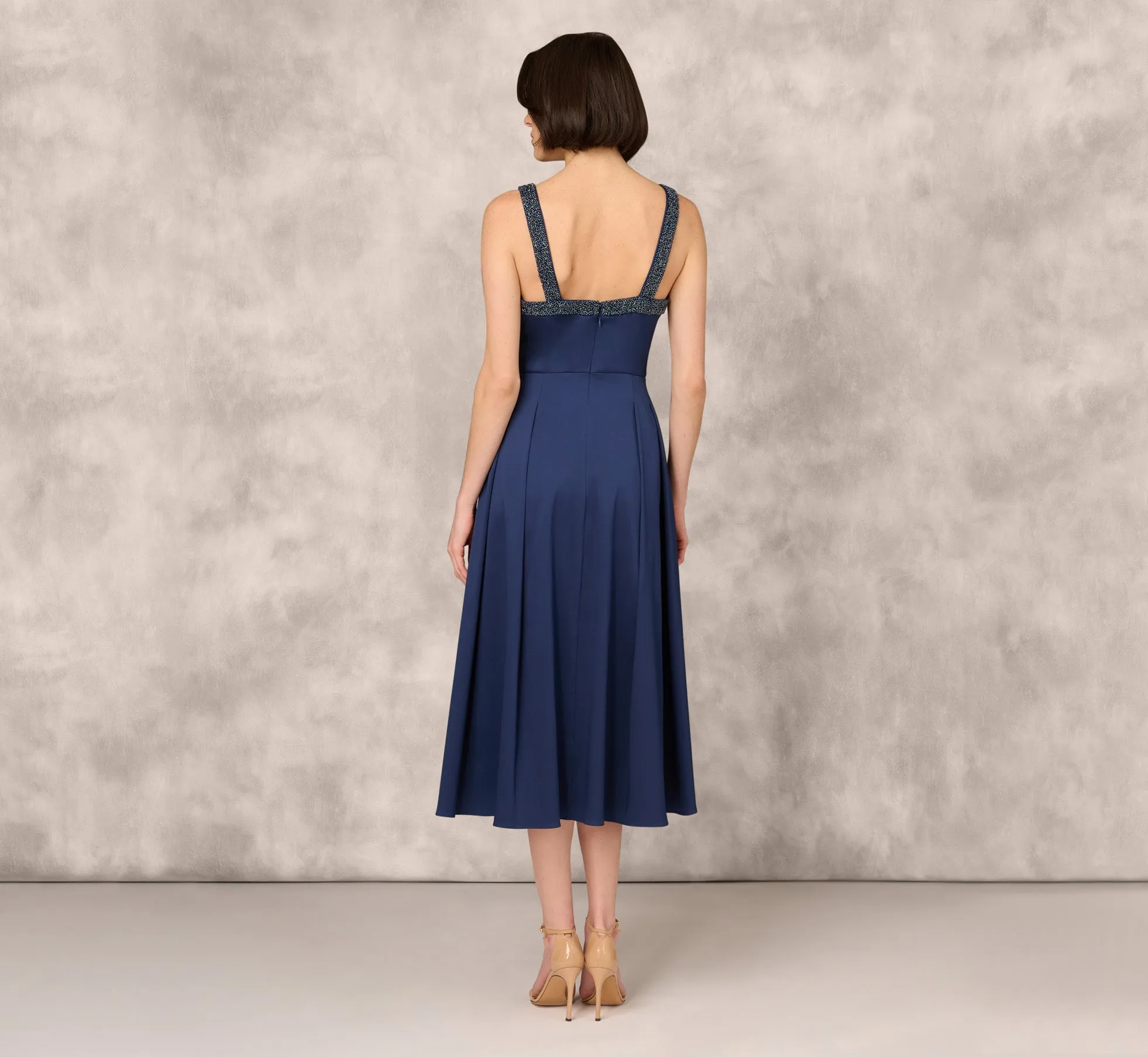 Stretch Mikado Midi Dress With Beaded Neckline And Straps In Navy sold by Adrianna Papell product image thumbnail 4