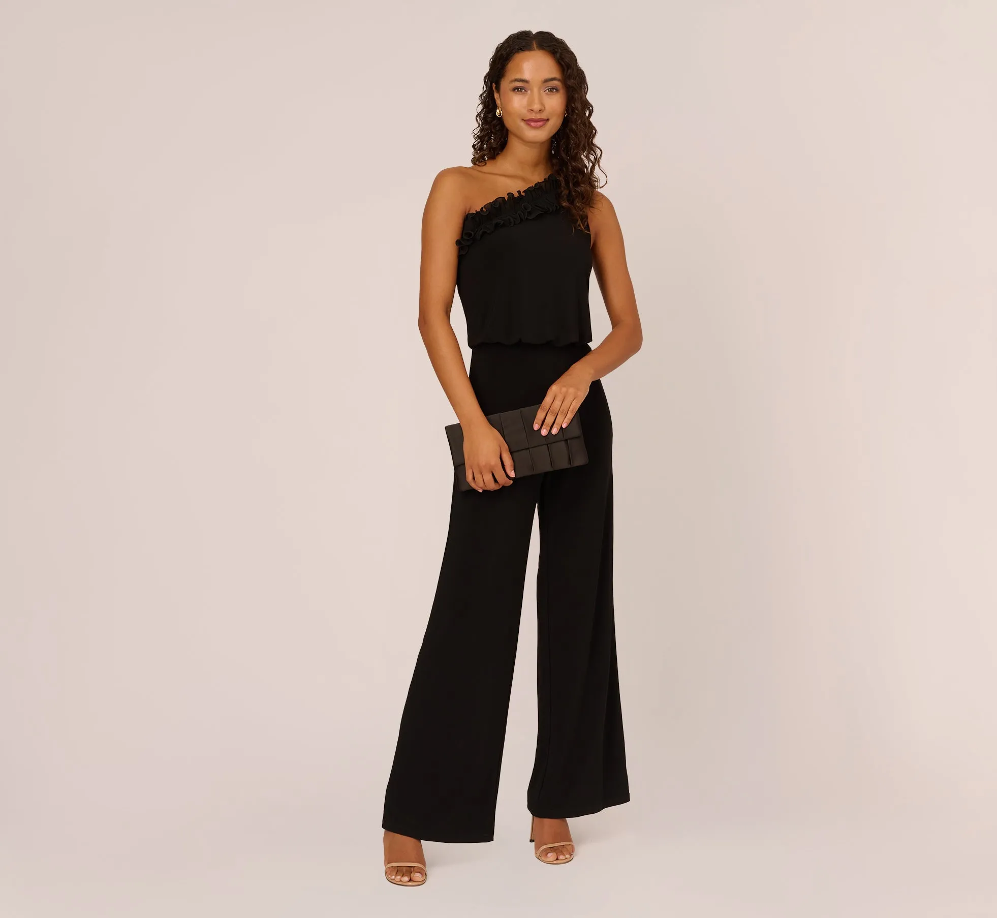 Ruffled One-Shoulder Blouson Jersey Jumpsuit In Black sold by Adrianna Papell product image thumbnail 2