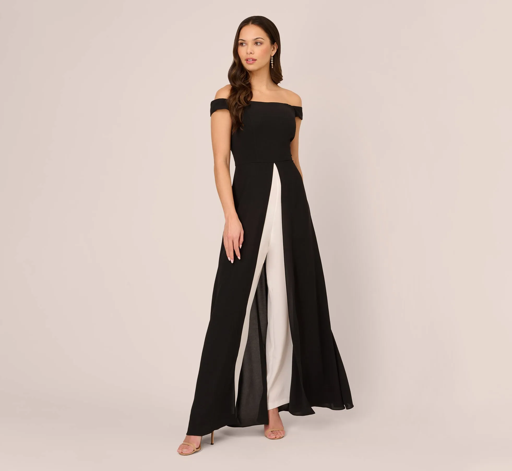 Colorblock Off The Shoulder Wide Leg Jumpsuit In Black Ivory sold by Adrianna Papell product image thumbnail 2