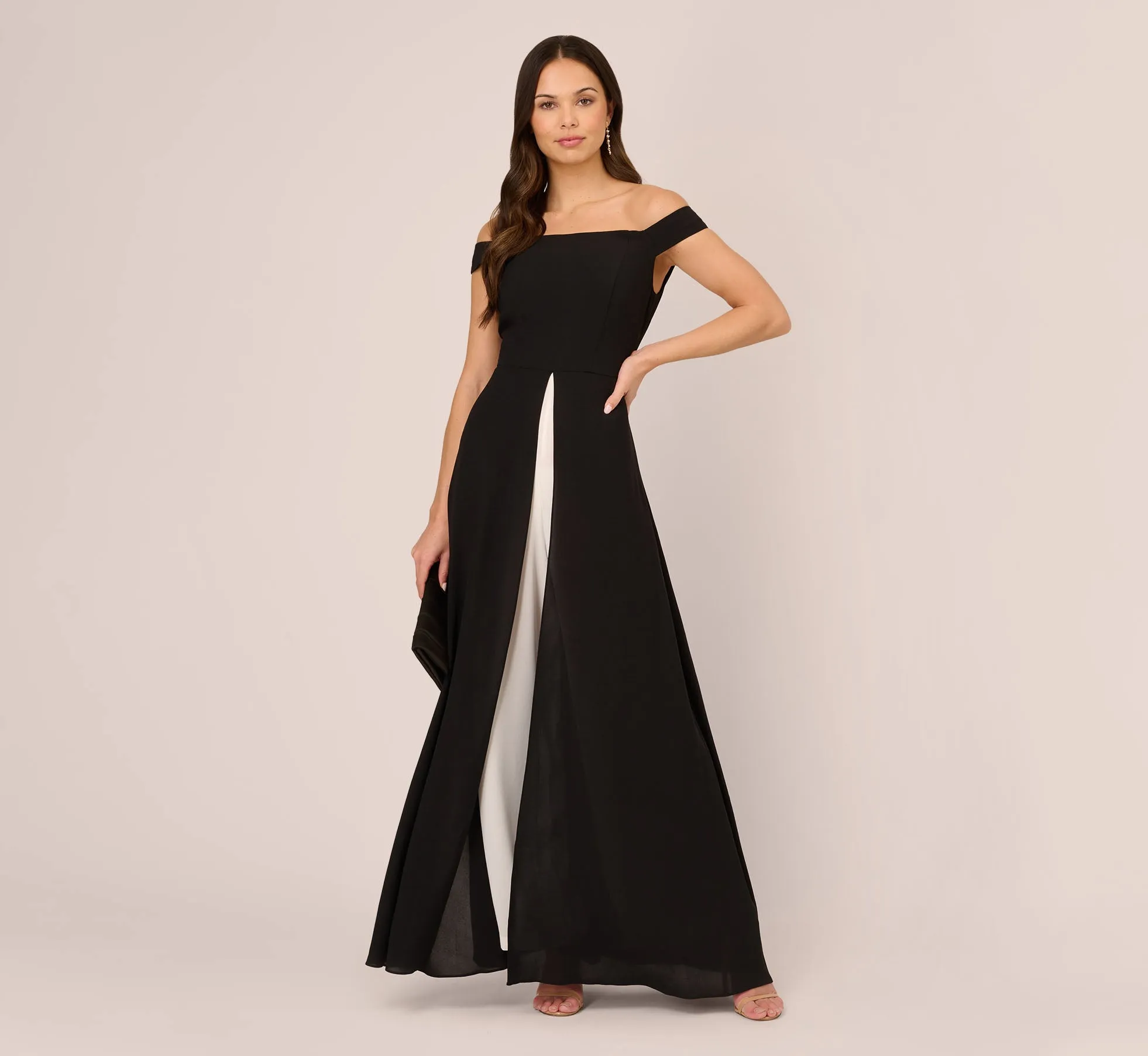 Colorblock Off The Shoulder Wide Leg Jumpsuit In Black Ivory sold by Adrianna Papell product image thumbnail 3