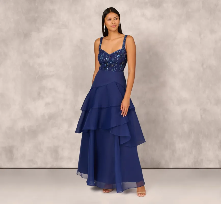 Tiered Organza Gown With Beaded Bodice In Navy sold by Adrianna Papell