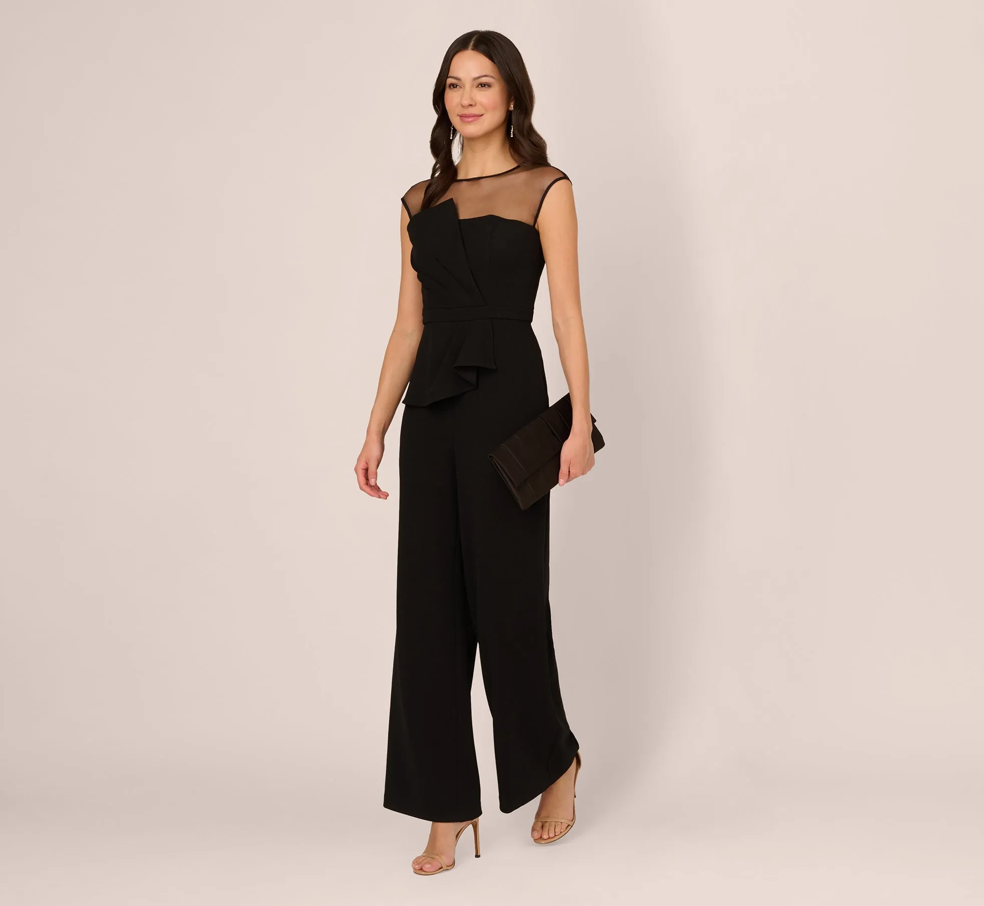 Wide Leg Jumpsuit With Illusion Neck And Cap Sleeves In Black sold by Adrianna Papell product image thumbnail 3