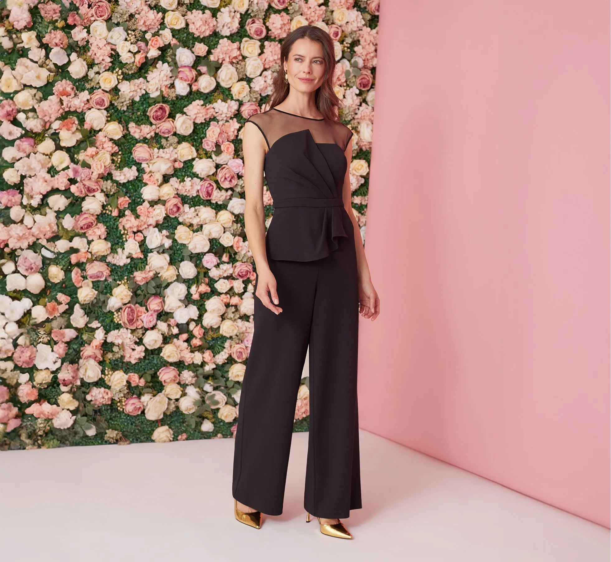 Wide Leg Jumpsuit With Illusion Neck And Cap Sleeves In Black sold by Adrianna Papell