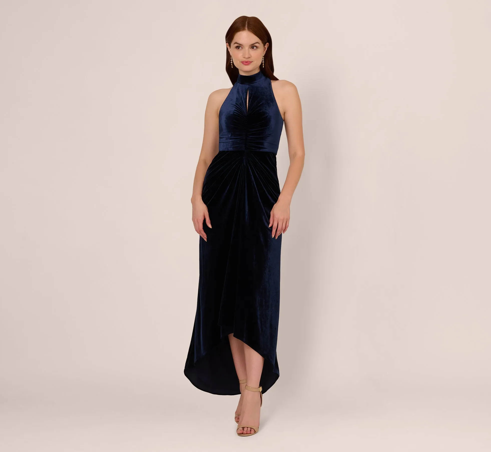 Velvet High Low Halter Gown With Cutout Mock Neck In Midnight sold by Adrianna Papell