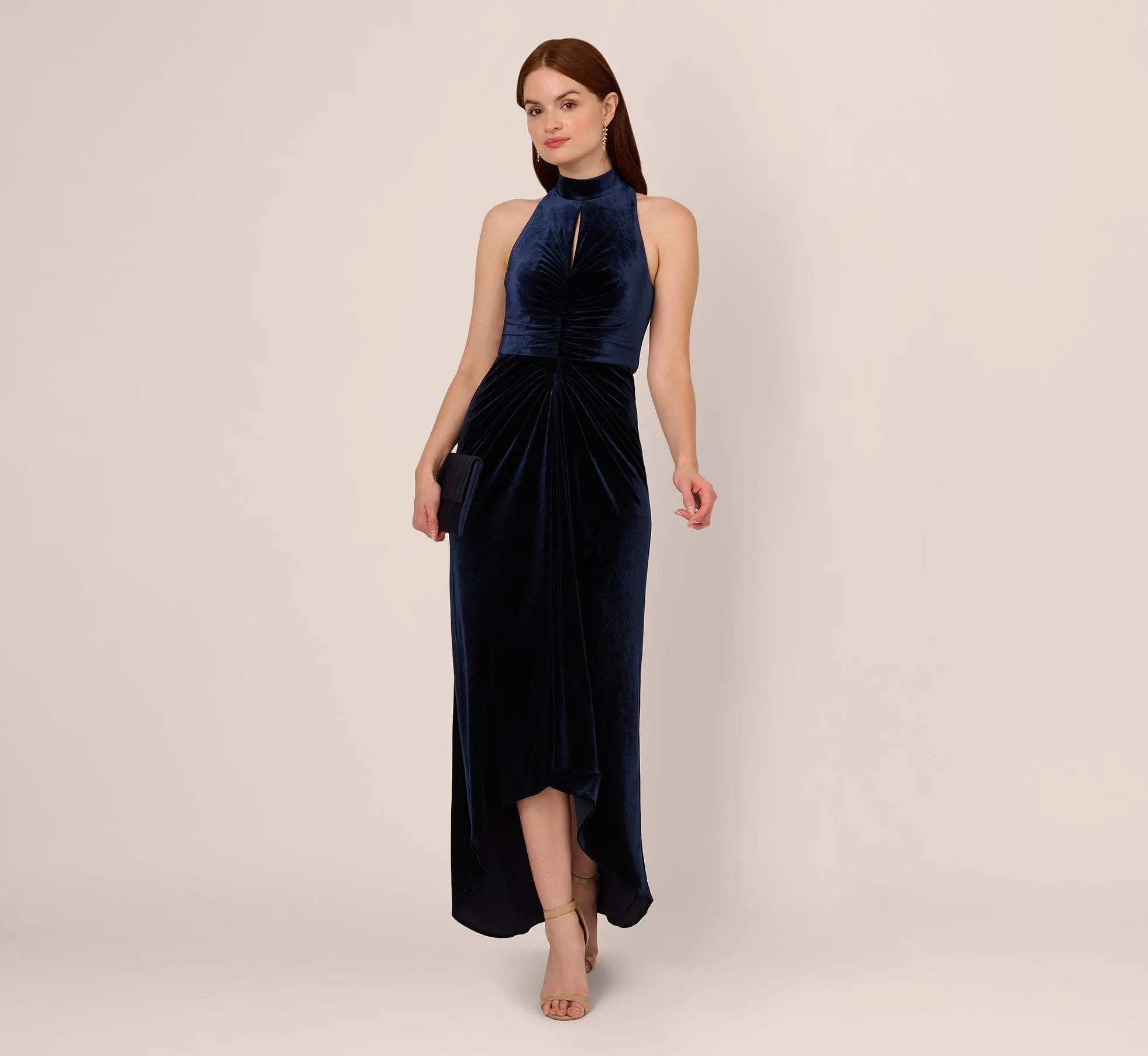 Velvet High Low Halter Gown With Cutout Mock Neck In Midnight sold by Adrianna Papell product image thumbnail 2