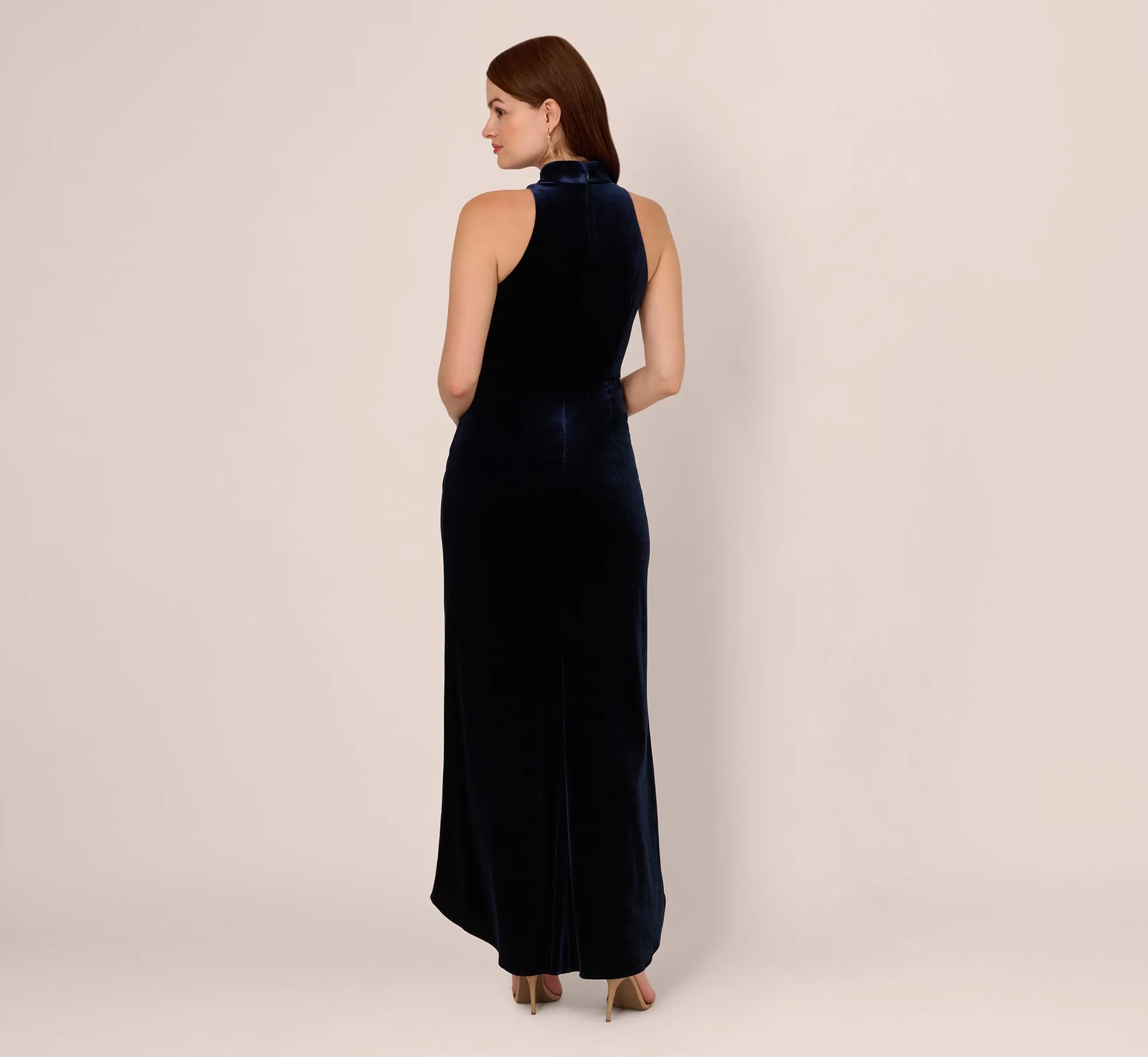 Velvet High Low Halter Gown With Cutout Mock Neck In Midnight sold by Adrianna Papell product image thumbnail 4
