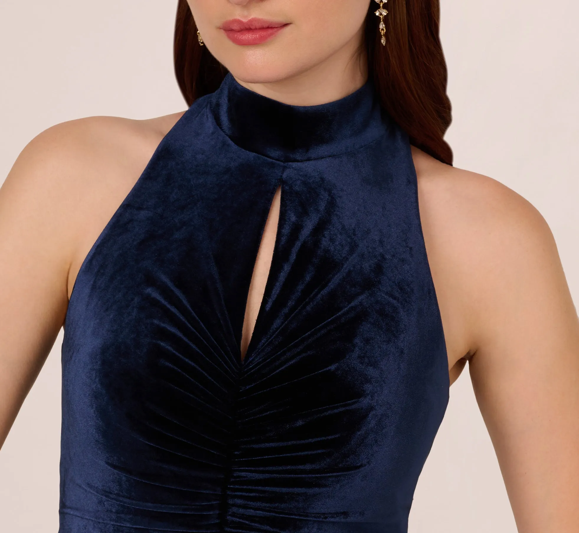 Velvet High Low Halter Gown With Cutout Mock Neck In Midnight sold by Adrianna Papell product image thumbnail 3