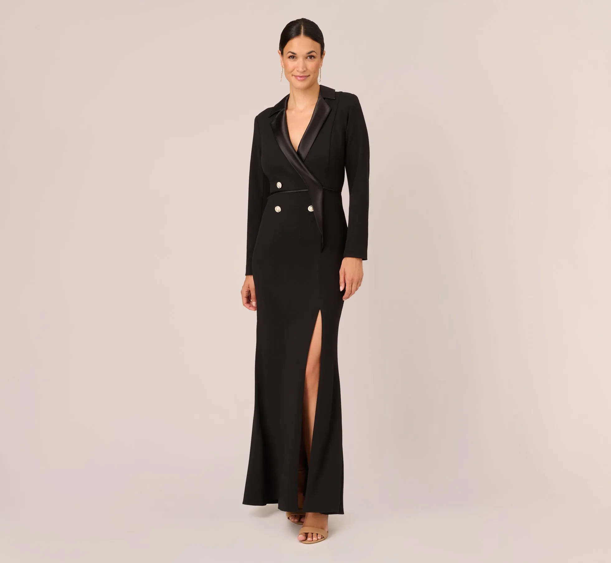 Long Sleeve Tuxedo Gown With Jeweled Buttons In Black sold by Adrianna Papell product image thumbnail 2
