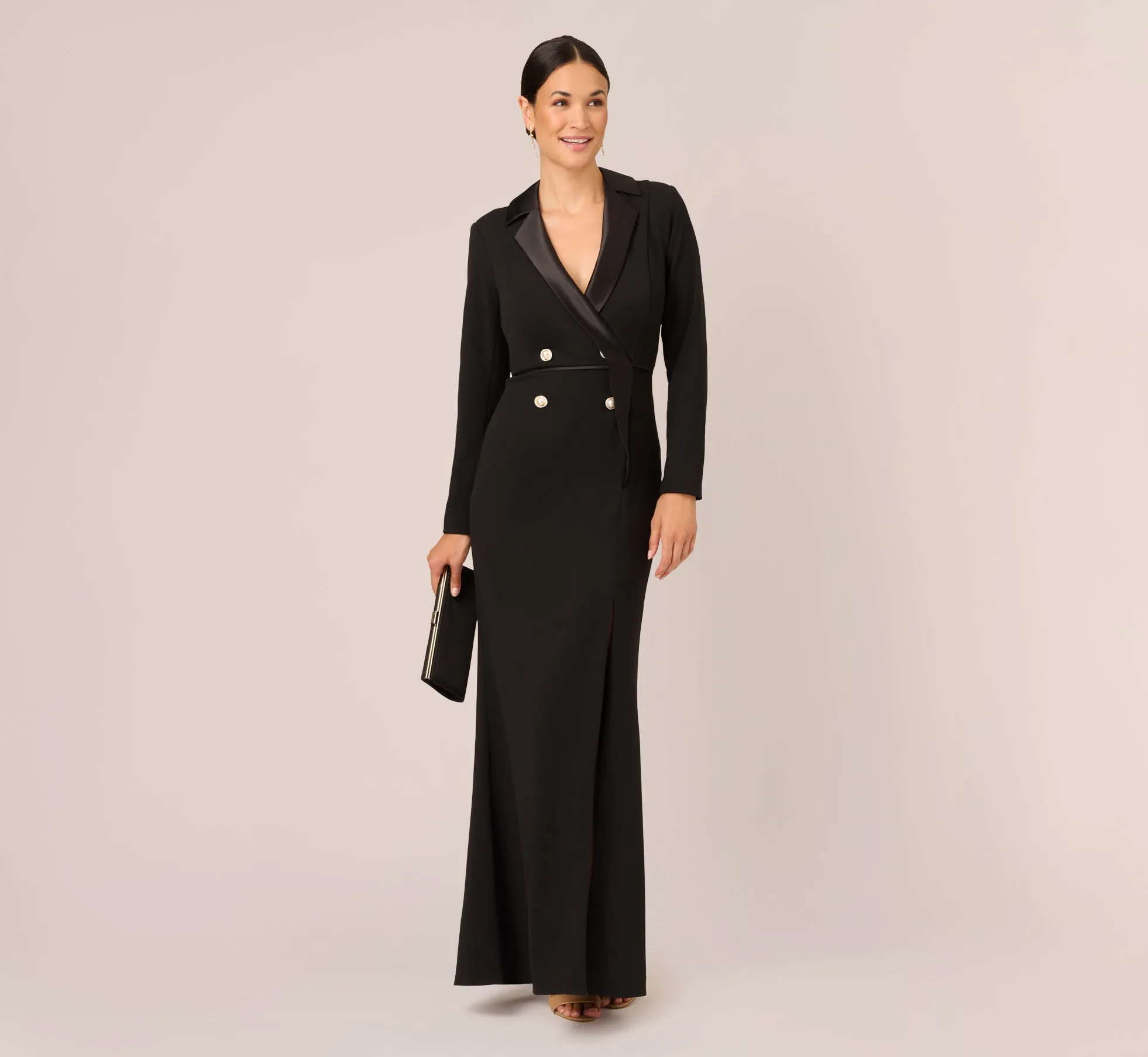 Long Sleeve Tuxedo Gown With Jeweled Buttons In Black sold by Adrianna Papell product image thumbnail 3