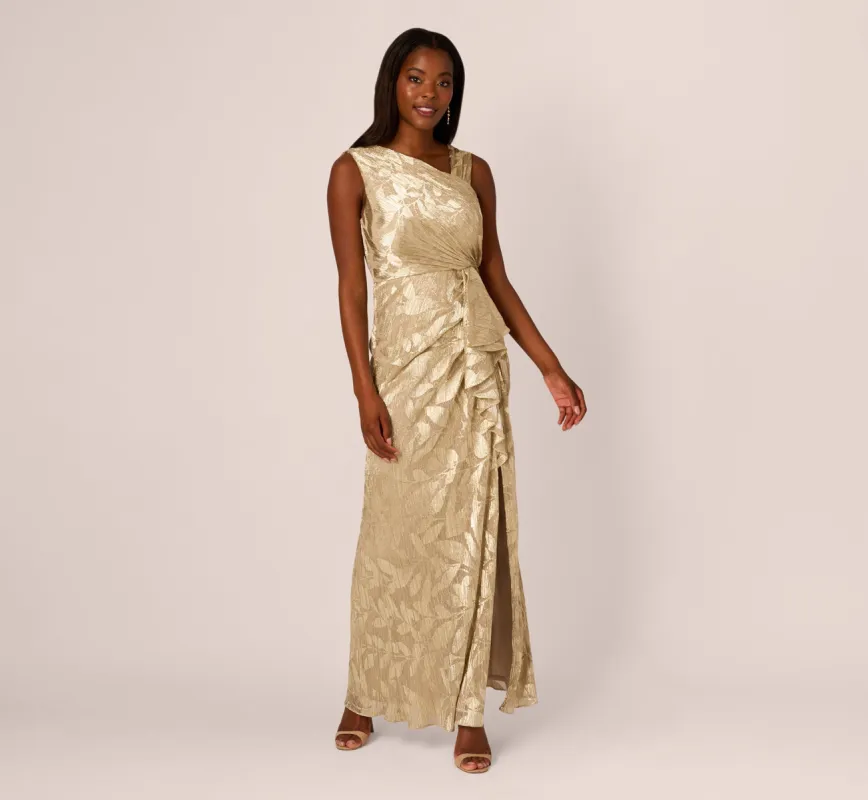 Foil Printed Asymmetric Gown With Ruffled Detail In Champagne Gold sold by Adrianna Papell