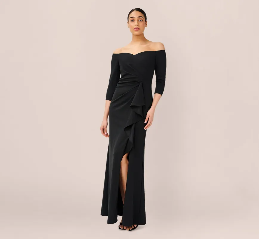 Off The Shoulder Dress With Cascading Ruffle Detail In Black sold by Adrianna Papell