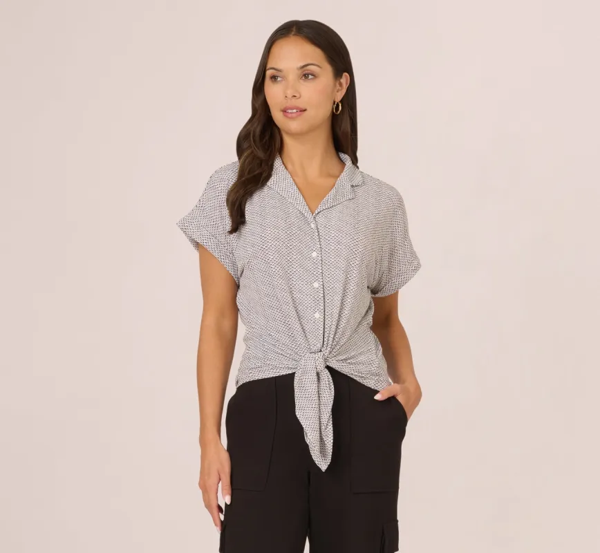 Printed Short Sleeve Collared Top With Tie Front In Ivory Arrow Geo sold by Adrianna Papell