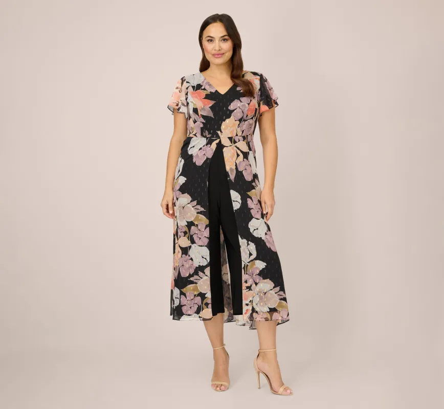 Plus Size Floral-Print Chiffon And Jersey Cropped Jumpsuit In Black Multi sold by Adrianna Papell