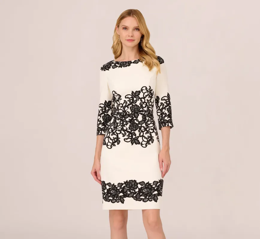 Scroll Lace Midi Dress With Three Quarter Sleeves In Ivory Black sold by Adrianna Papell