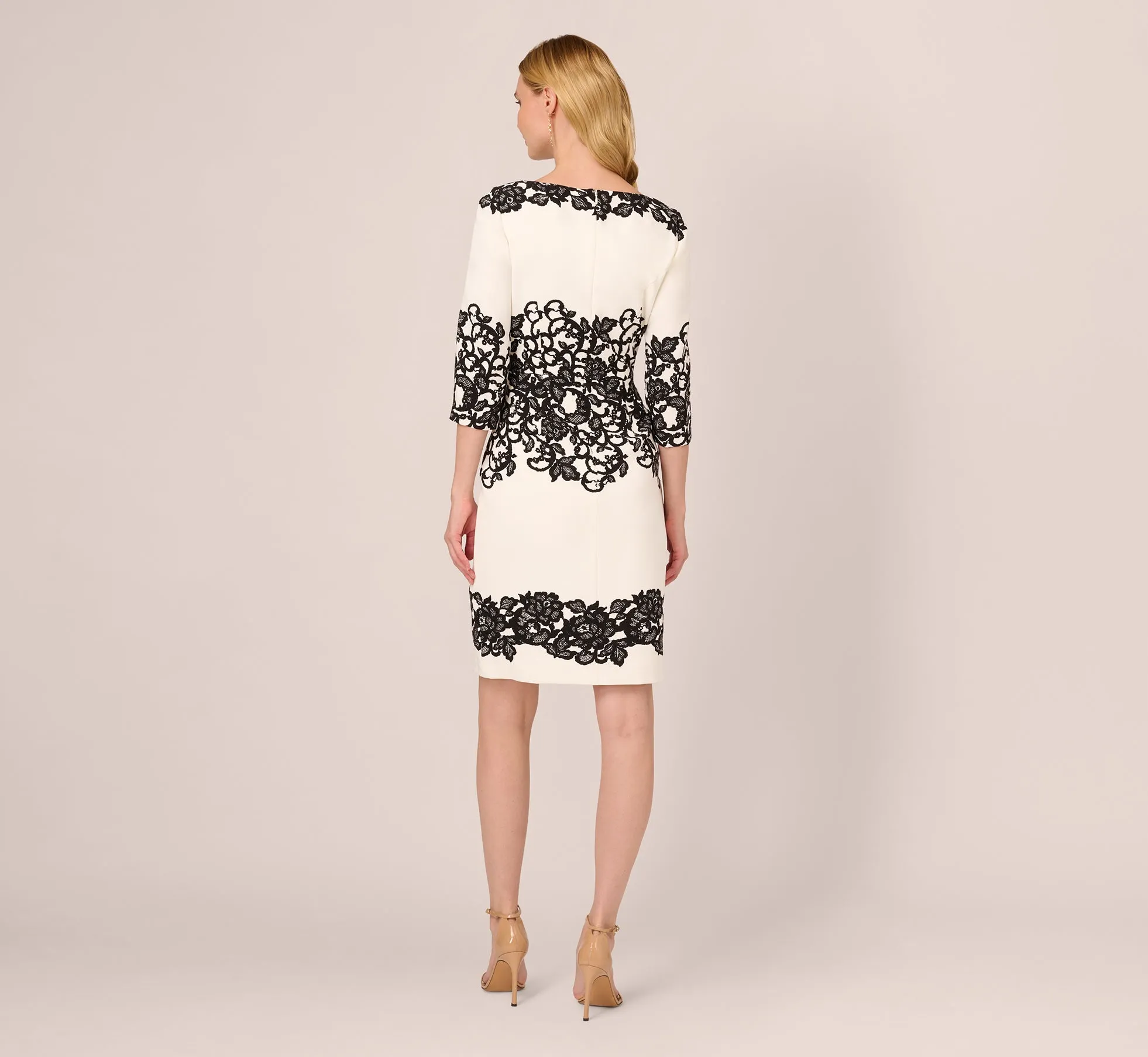 Scroll Lace Midi Dress With Three Quarter Sleeves In Ivory Black sold by Adrianna Papell product image thumbnail 4