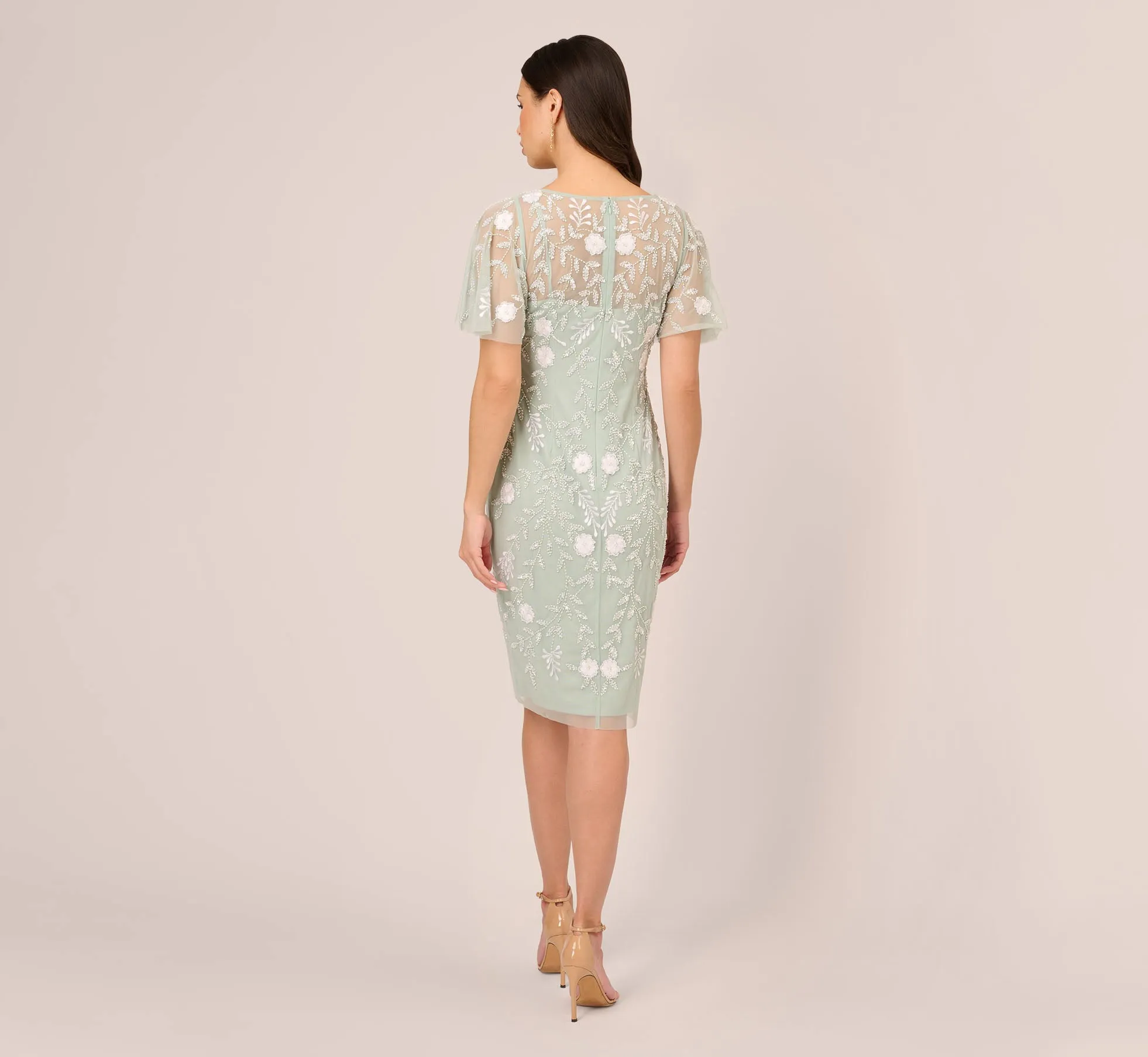 Floral Beaded Dress With Sheer Flutter Sleeves In Icy Sage Ivory sold by Adrianna Papell product image thumbnail 4