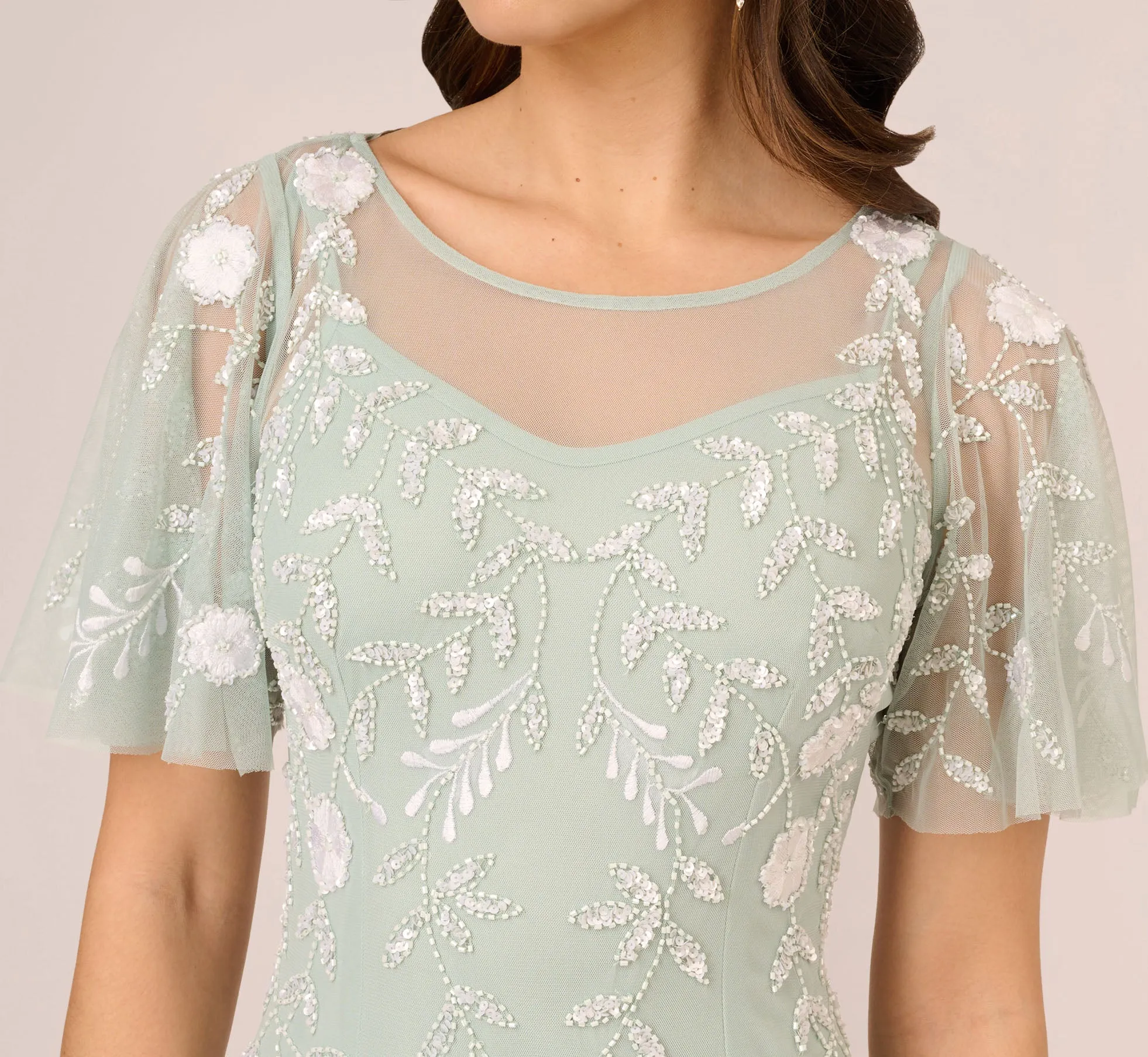 Floral Beaded Dress With Sheer Flutter Sleeves In Icy Sage Ivory sold by Adrianna Papell product image thumbnail 3