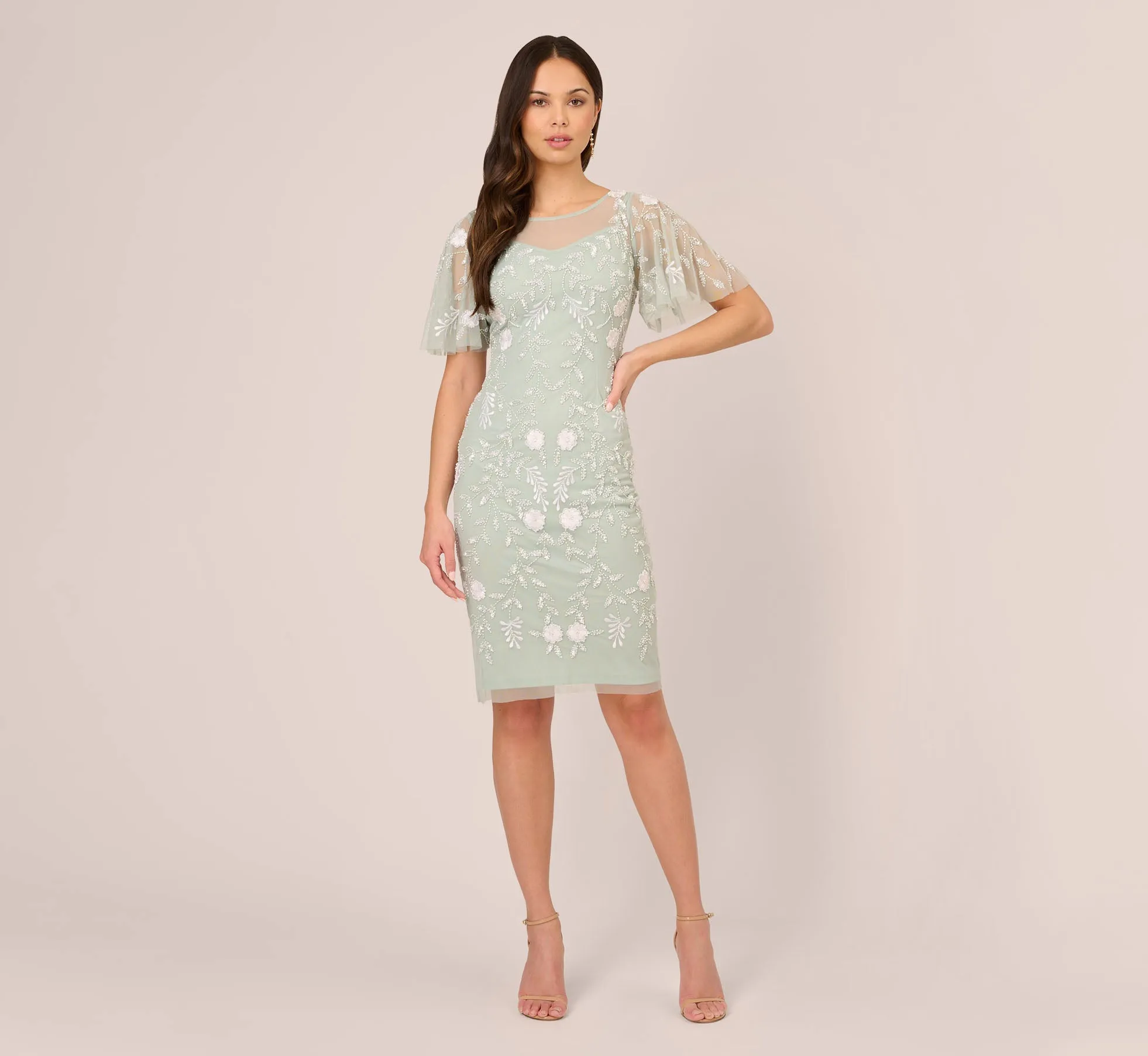 Floral Beaded Dress With Sheer Flutter Sleeves In Icy Sage Ivory sold by Adrianna Papell