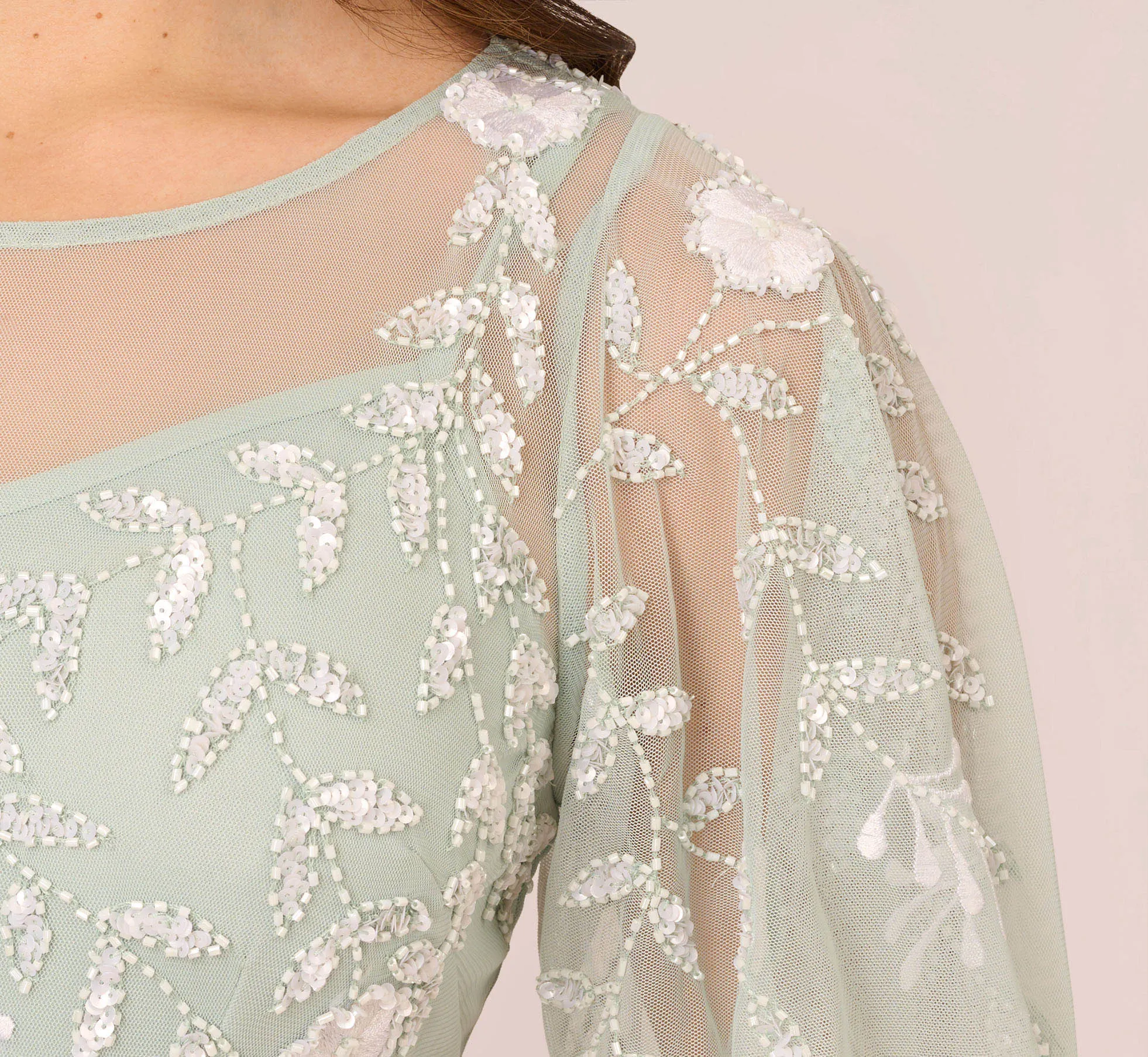 Floral Beaded Dress With Sheer Flutter Sleeves In Icy Sage Ivory sold by Adrianna Papell product image thumbnail 5