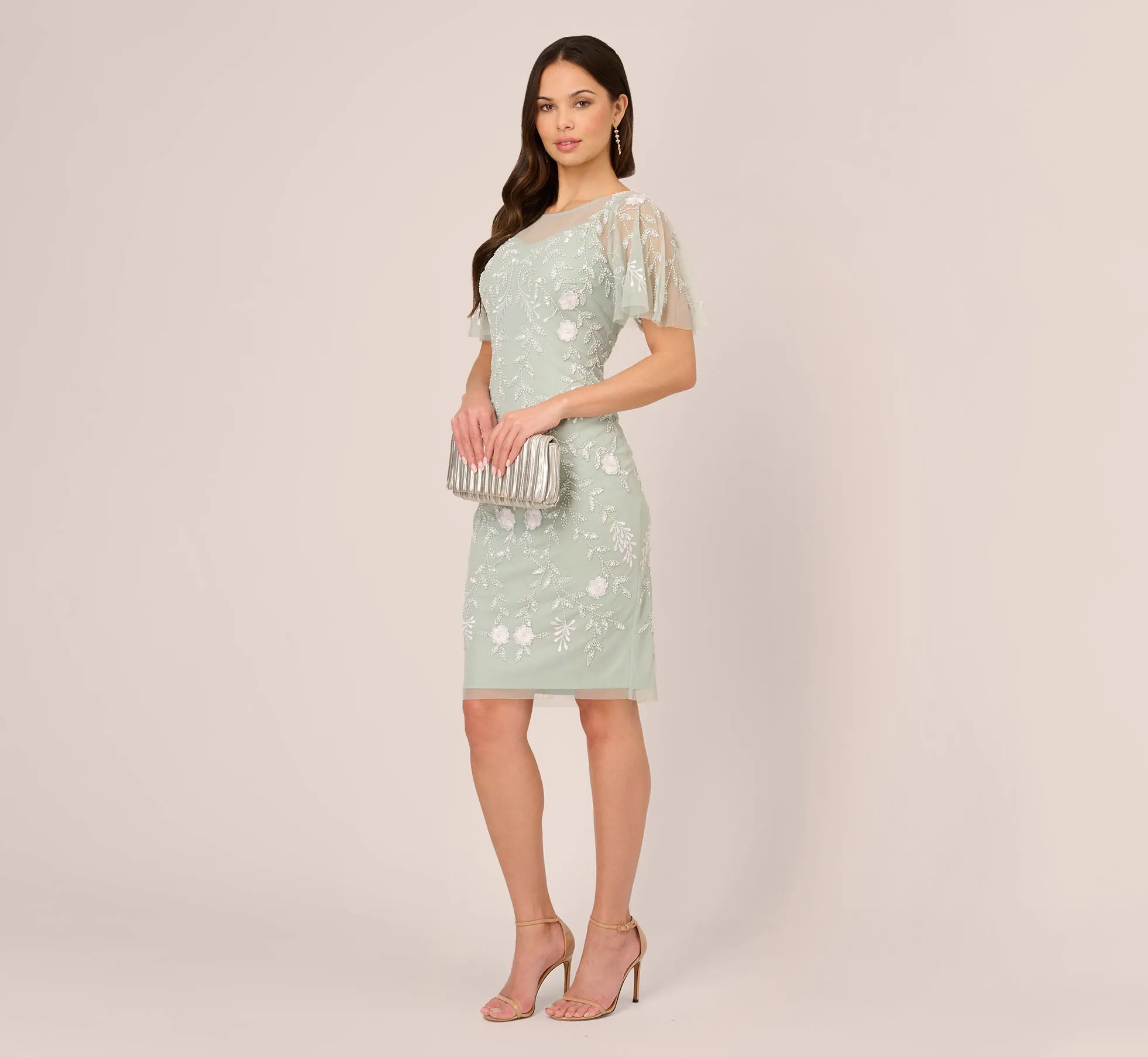 Floral Beaded Dress With Sheer Flutter Sleeves In Icy Sage Ivory sold by Adrianna Papell product image thumbnail 2