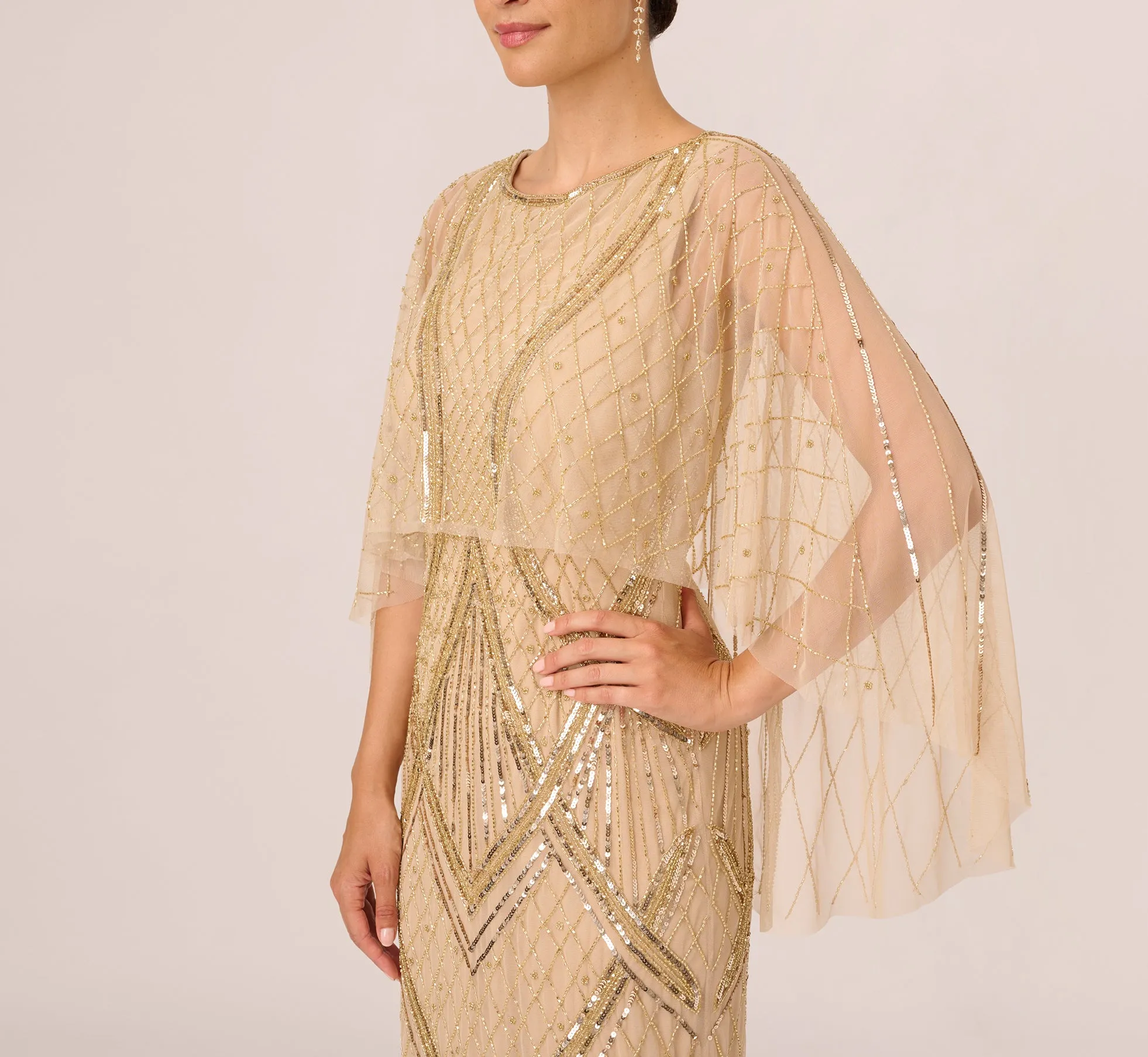 Scallop Beaded Cape Column Gown In Gold sold by Adrianna Papell product image thumbnail 3