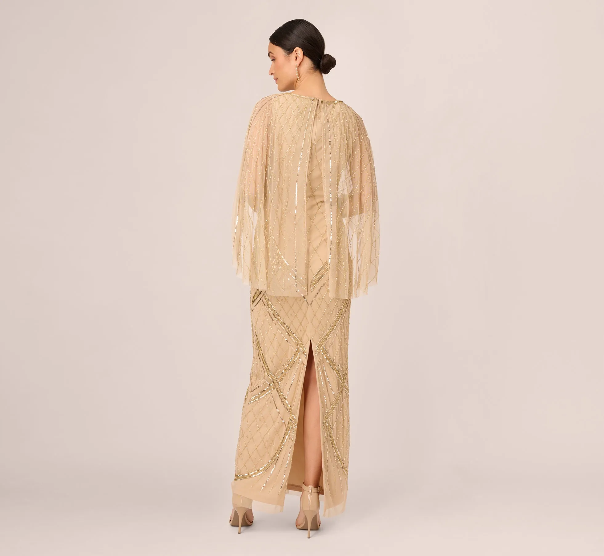 Scallop Beaded Cape Column Gown In Gold sold by Adrianna Papell product image thumbnail 5