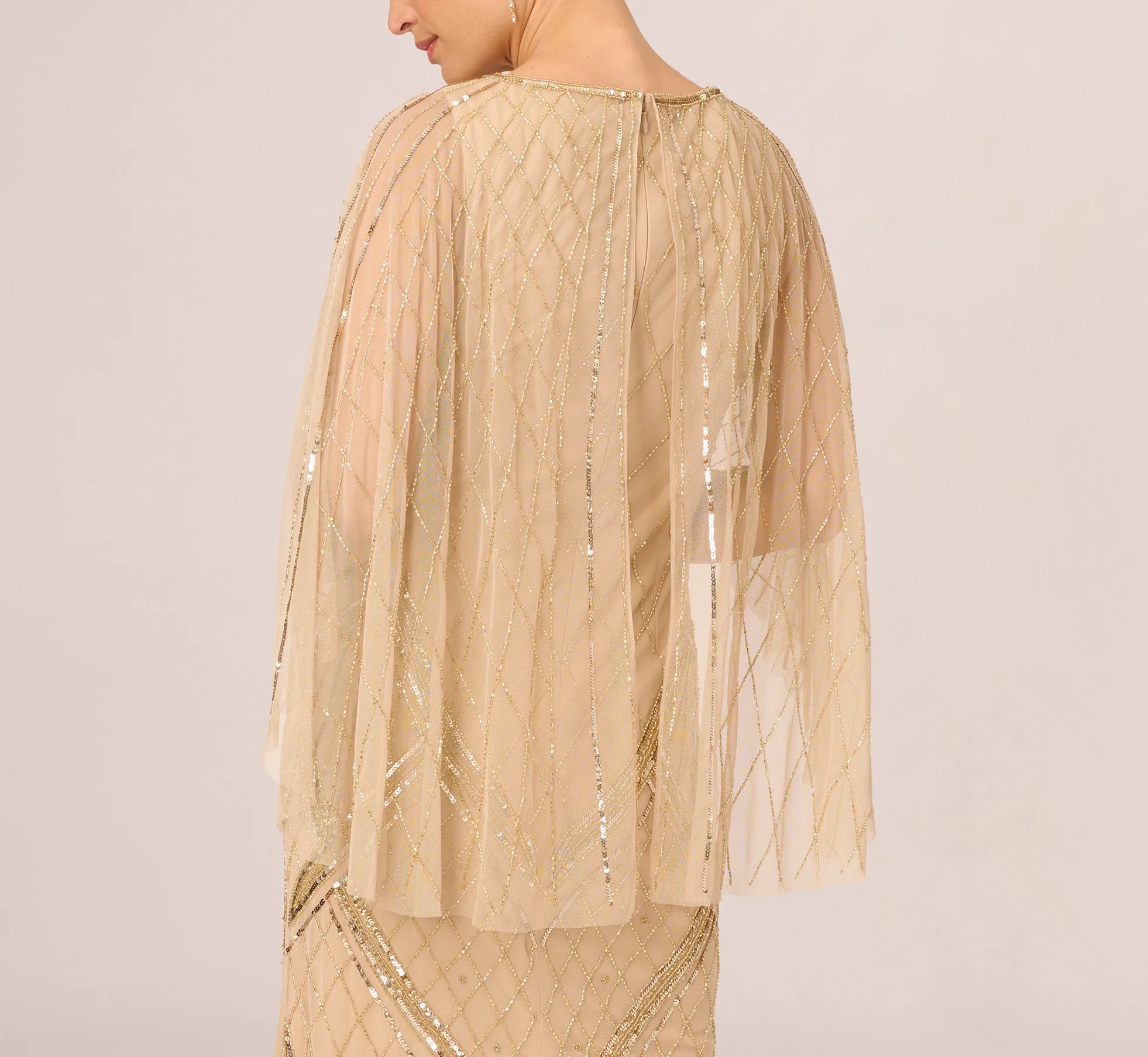 Scallop Beaded Cape Column Gown In Gold sold by Adrianna Papell product image thumbnail 4